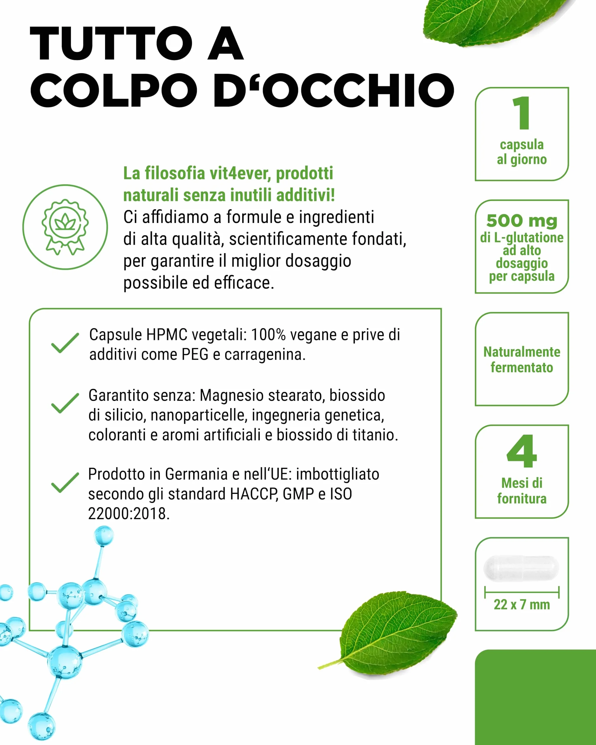 L-Glutatione - 120 capsule con 500 mg per capsula - Premium: glutatione ridotto e bioattivo da fermentazione - Altamente dosato - Vegan