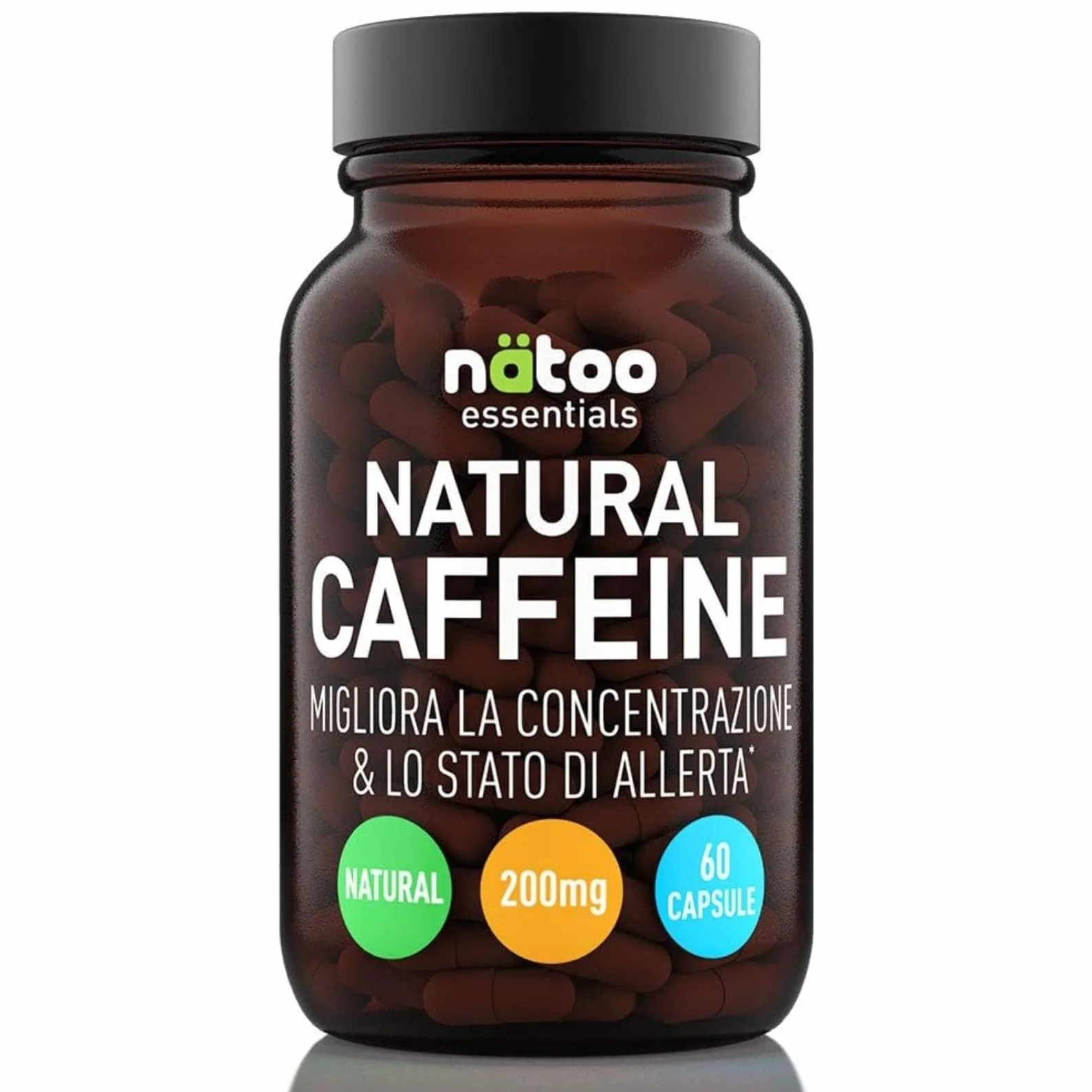 Caffeina 200mg 60 Capsule Vegane, Caffeina Pura da Caffe Verde Coffea arabica, Pre-Workout Integratore