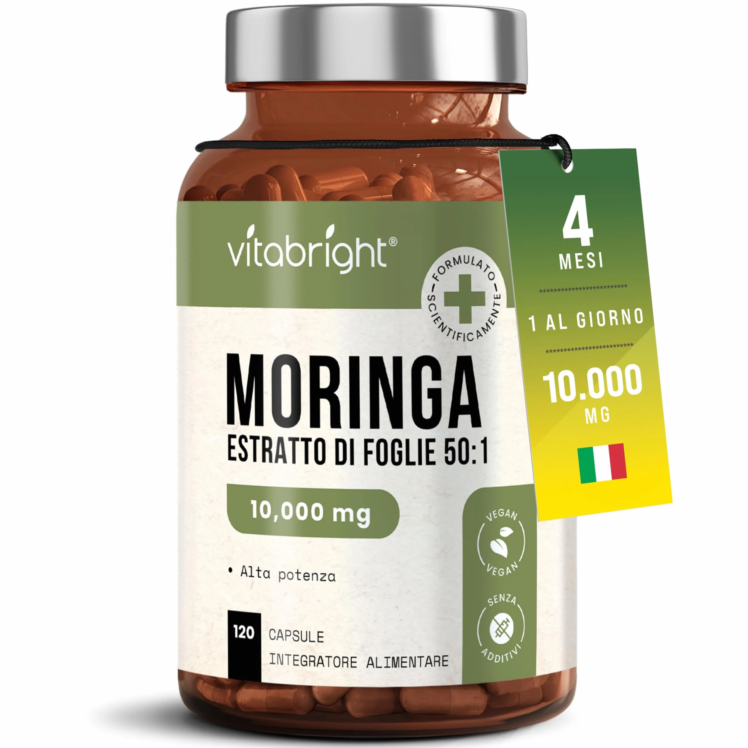 Capsule di Moringa Pura 10.000 mg Alto Dosaggio 4 Mesi Senza Additivi Superalimento Vegano in Polvere Estratto Puro di Foglia di Moringa VitaBright
