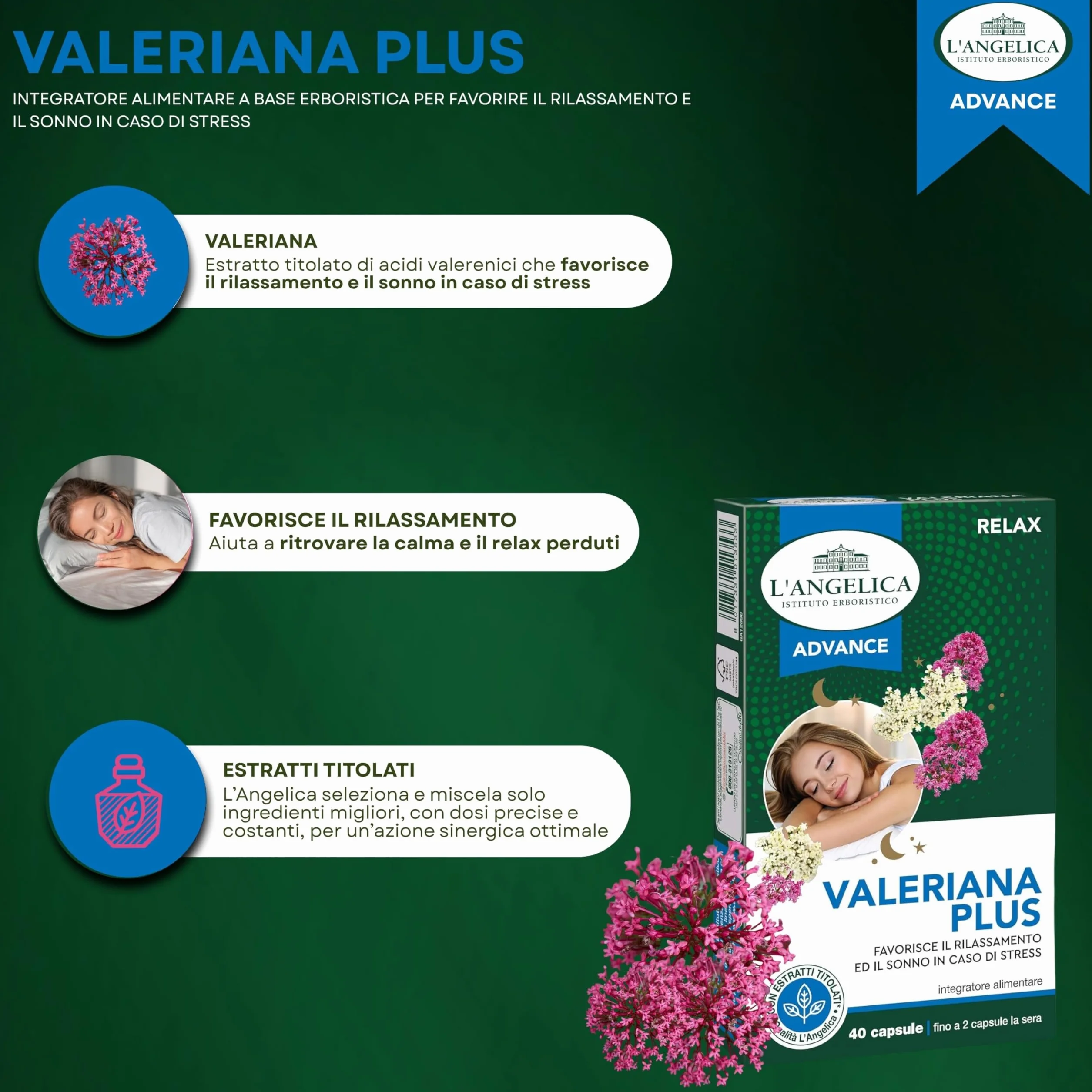 L'Angelica Advance, Valeriana Plus, Integratore Rilassante, 40 Capsule