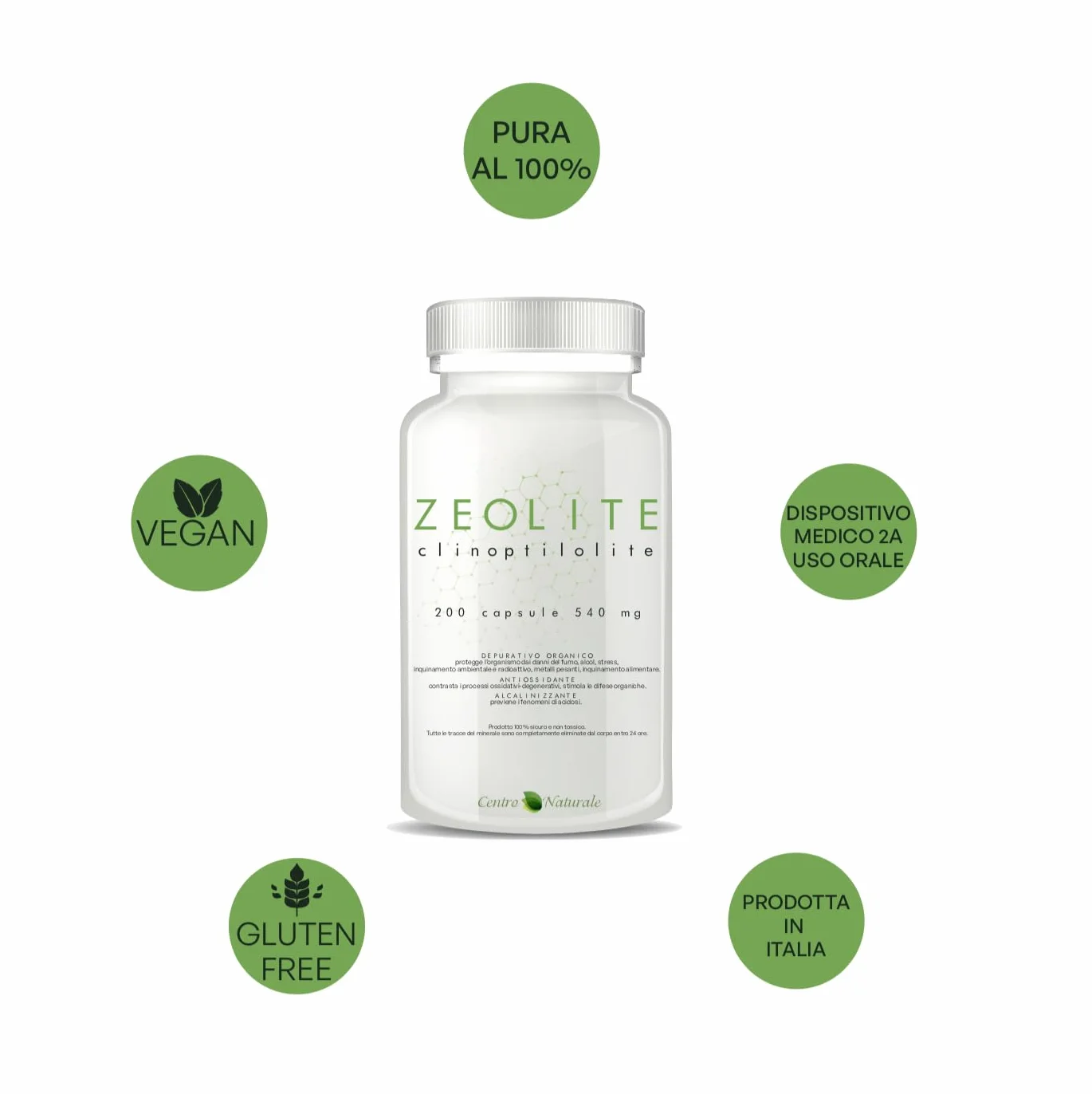Zeolite Clinoptilolite Attivata 100% 200 capsule 540 mg Dispositivo medico classe 2a Uso orale Prodotta Italia