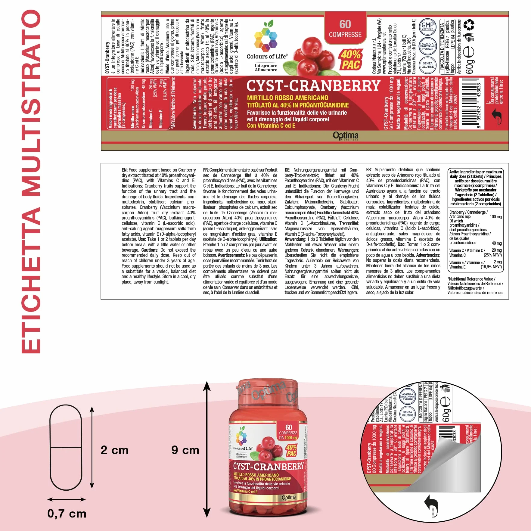 Colours of Life Cyst Cranberry Integratore di Mirtillo Rosso 60 Compresse Senza Glutine Vegano