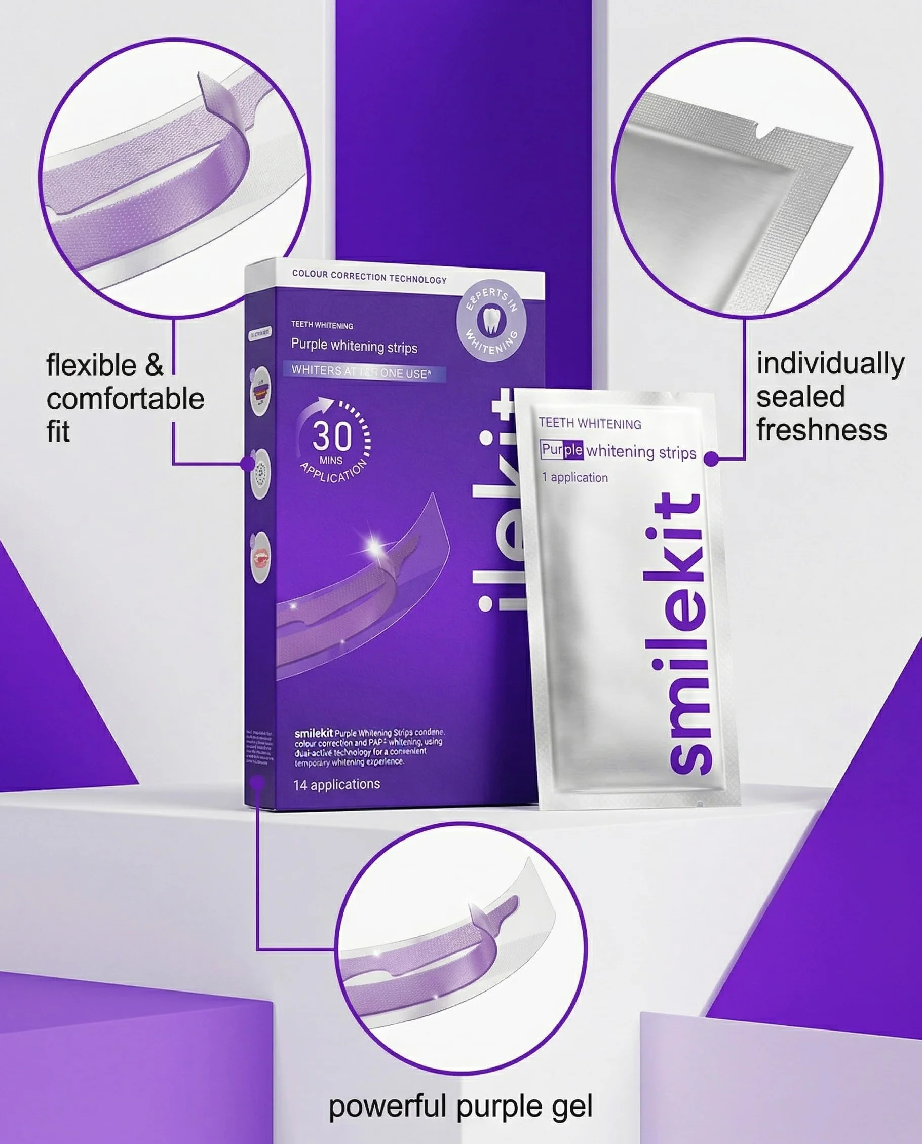 14 strisce sbiancanti per i denti color viola: sbiancamento efficace a casa, eliminano macchie gialle e pigmentazioni, per un sorriso smagliante.
