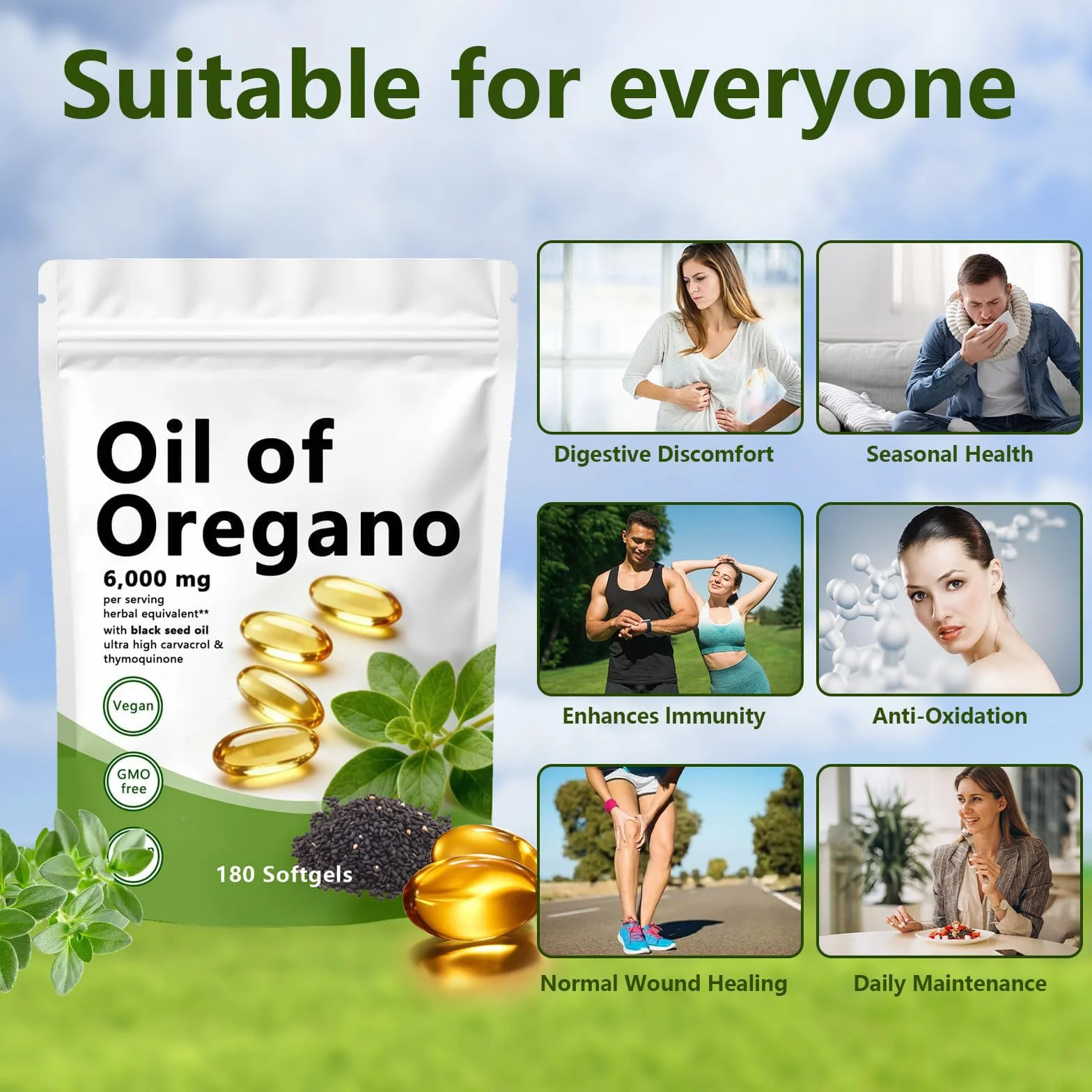 Olio di origano Softgels 6000 mg con oli di semi neri capsule integratore immunità naturale