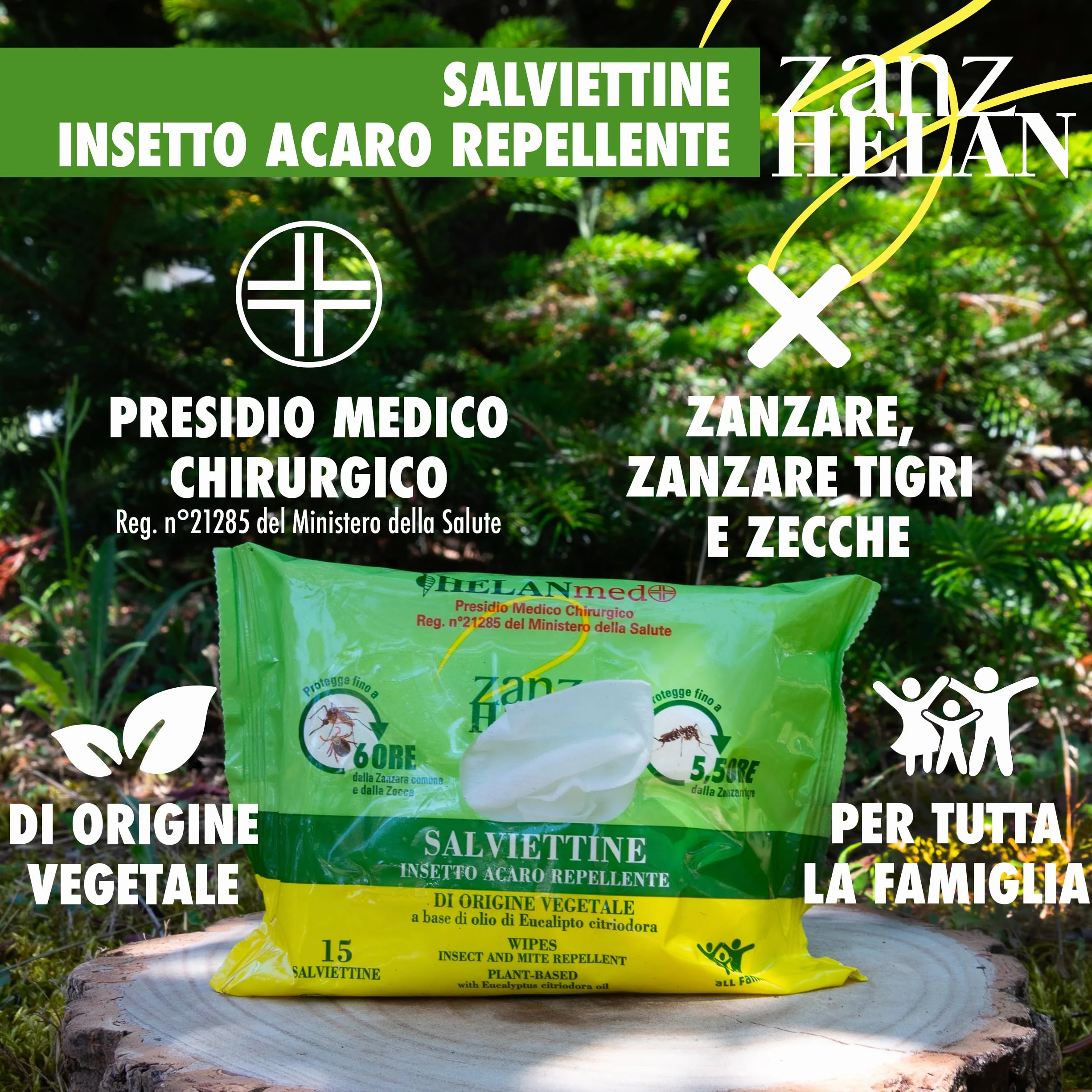 Helan Med Zanzhelan Salviette Umidificate Antizanzare 100% Cotone Bio Olio di Neem 15 Salviettine Repellente Zanzare Zecche 6 Ore