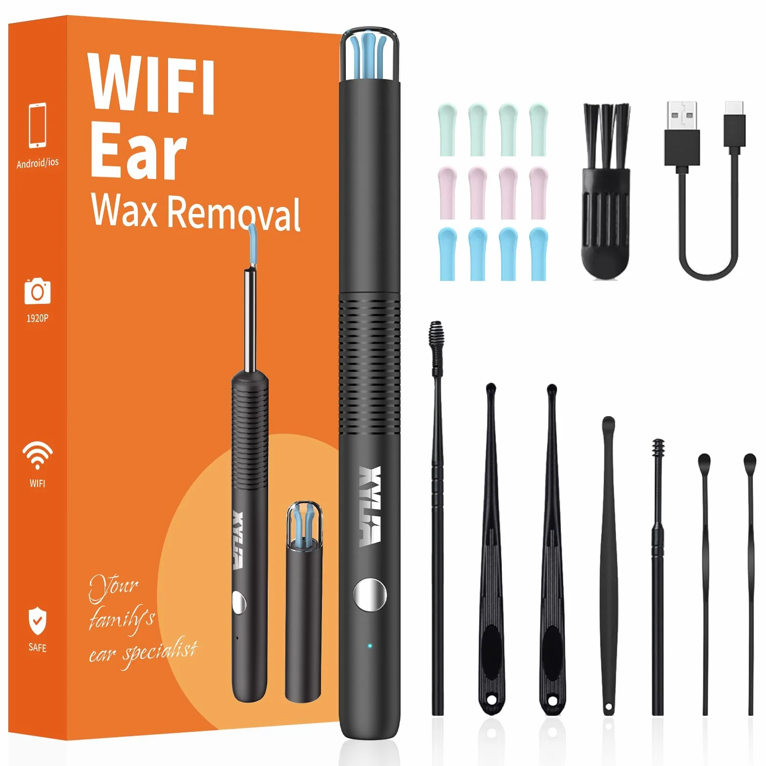 Otoscopio Pulizia Orecchie con Telecamera Ultra HD 1920P 3,5mm WIFI IP67 Impermeabile Compatibile Android IOS Nero
