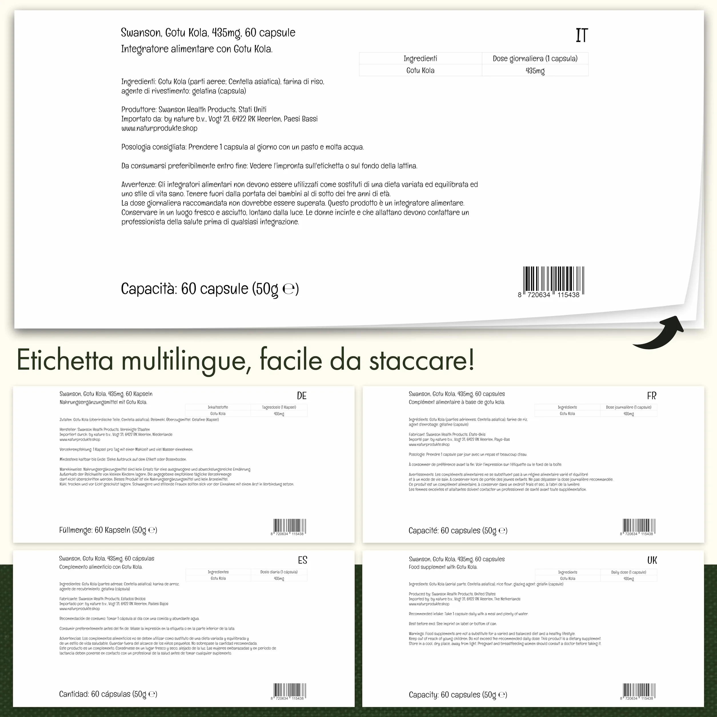 Swanson Gotu Kola 435mg 60 capsule Indian pennywort dose elevata Testato in Laboratorio Senza Glutine Senza Soia Non OGM