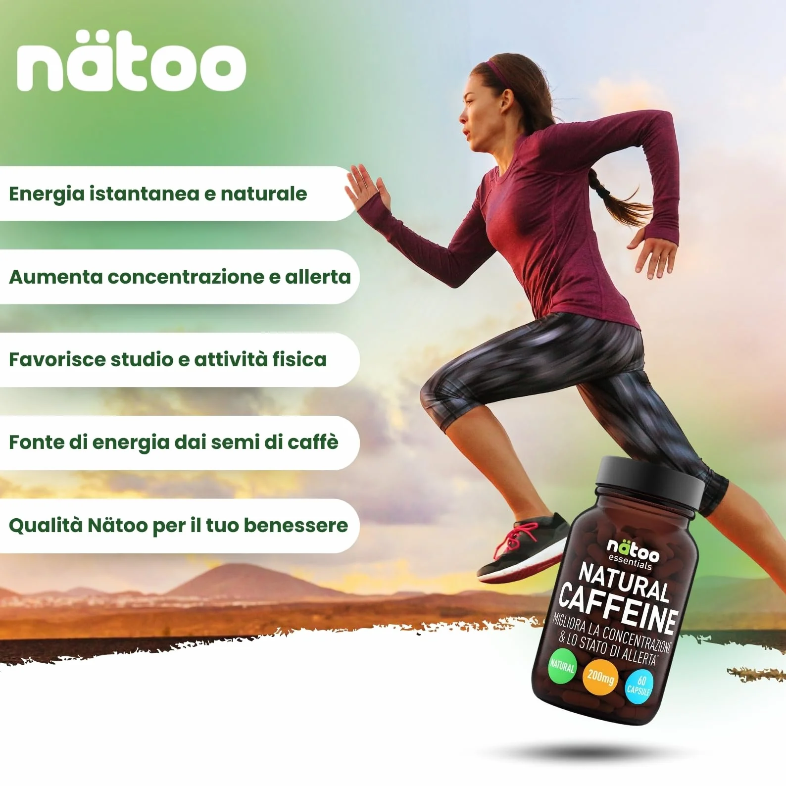 Caffeina 200mg 60 Capsule Vegane, Caffeina Pura da Caffe Verde Coffea arabica, Pre-Workout Integratore