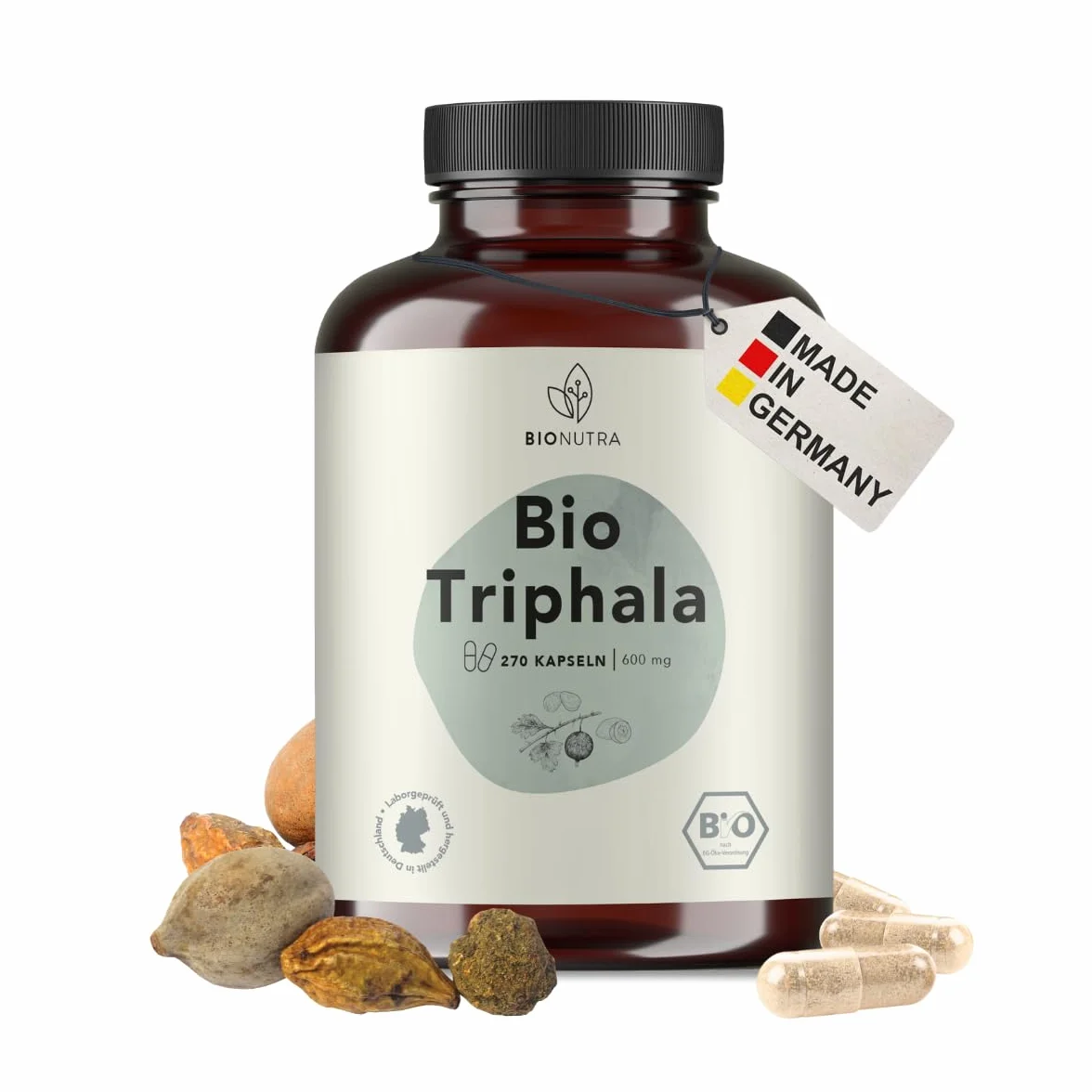 BIONUTRA® Capsule Triphala bio alto dosaggio, 1200 mg/giorno, controllo residui, produzione tedesca, vegane, senza lattosio né glutine, senza additivi, polvere Triphala bio, 270 x 600 mg