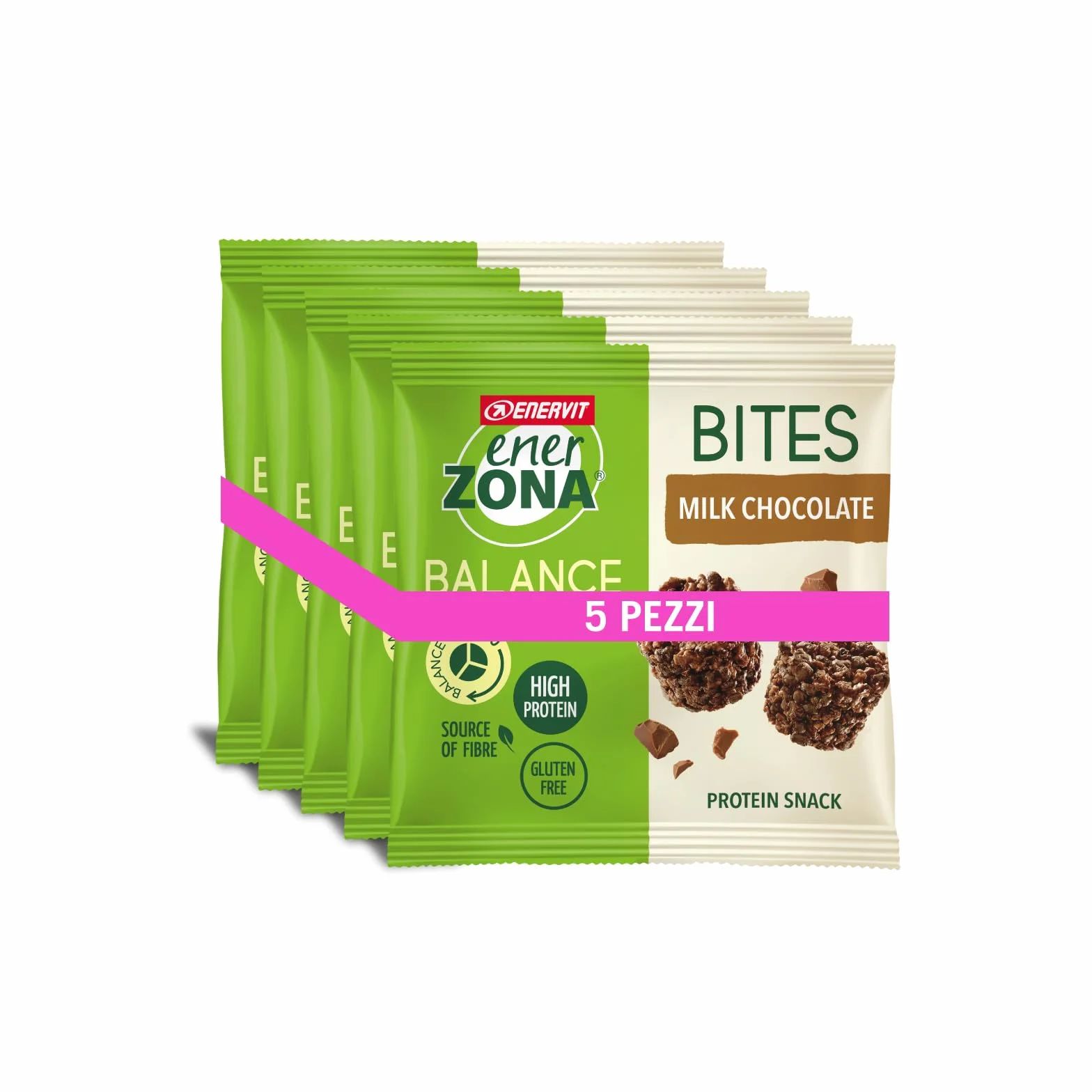 Enervit, Bites con Cioccolato al Latte, 5 Minipack da 24 Grammi, Porzioni Monodose, per Mantenere il Tono Muscolare, con Proteine della Soia e Fibre, 100% Vegetale, Senza Glutine e Olio di Palma