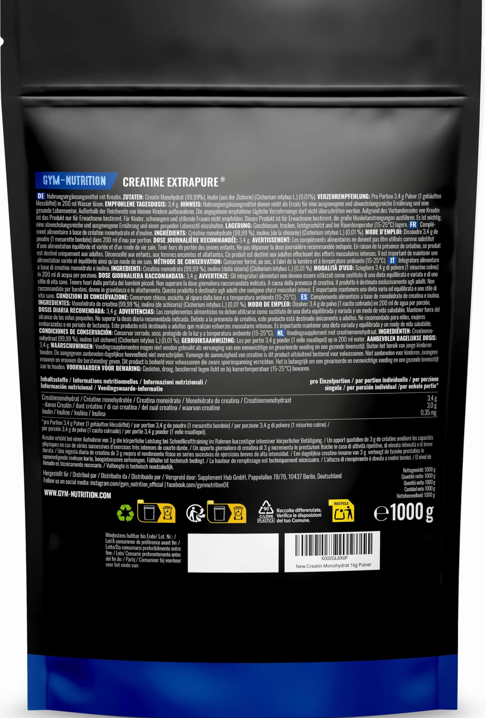 Creatina Monoidrato Polvere 1KG - 100% Vegan, Extrapura - Prodotta in Germania