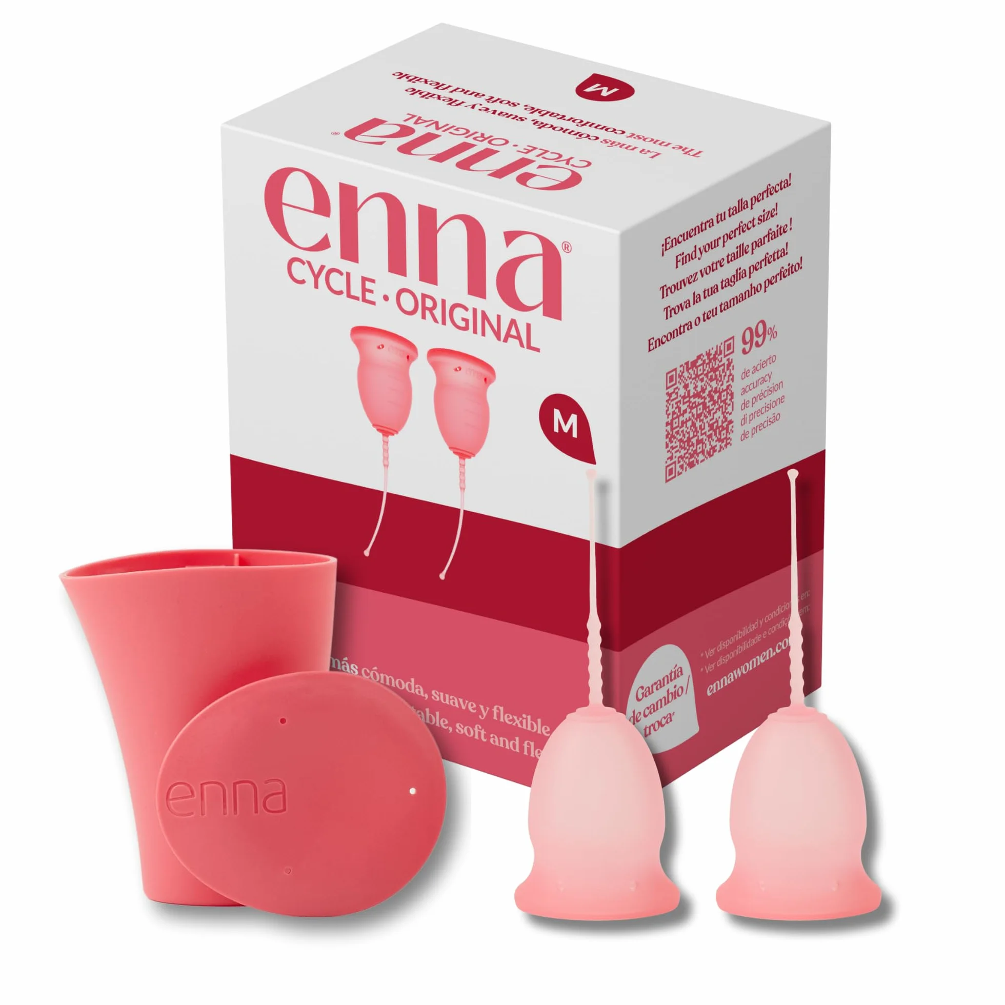 Enna Cycle "M"- 2 COPPETTA Mestruale + CONTENITORE per la STERILIZZAZIONE /FDA Approvata /3 TAGLIE / SILICONE di grado MEDICALE