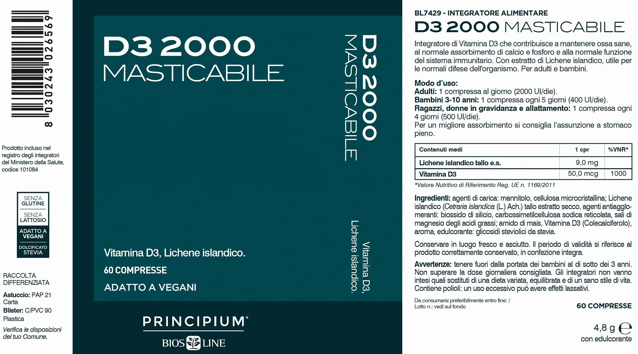 BIOS LINE Principium D3 2000, Integratore di Vitamina D3 con Lichene Islandico, Integratore Bambini e Adulti per Ossa e Denti, 60 Compresse Masticabili