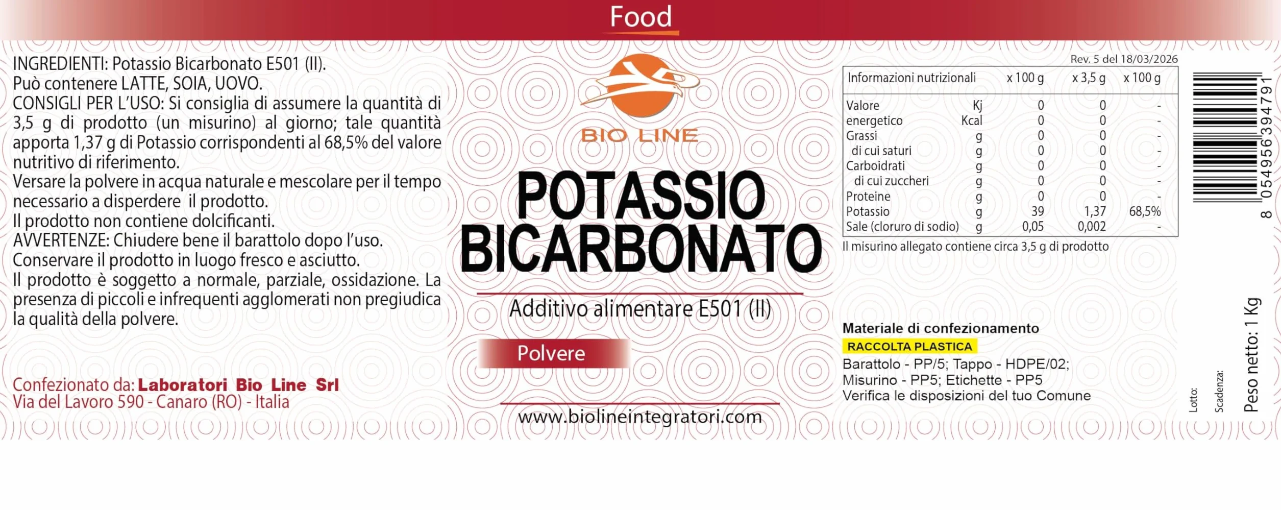 Laboratori Bio Line - Potassio Sali Minerali in Polvere (1 Kg) Bicarbonato di Potassio per Sportivi, Prodotto Alimentare