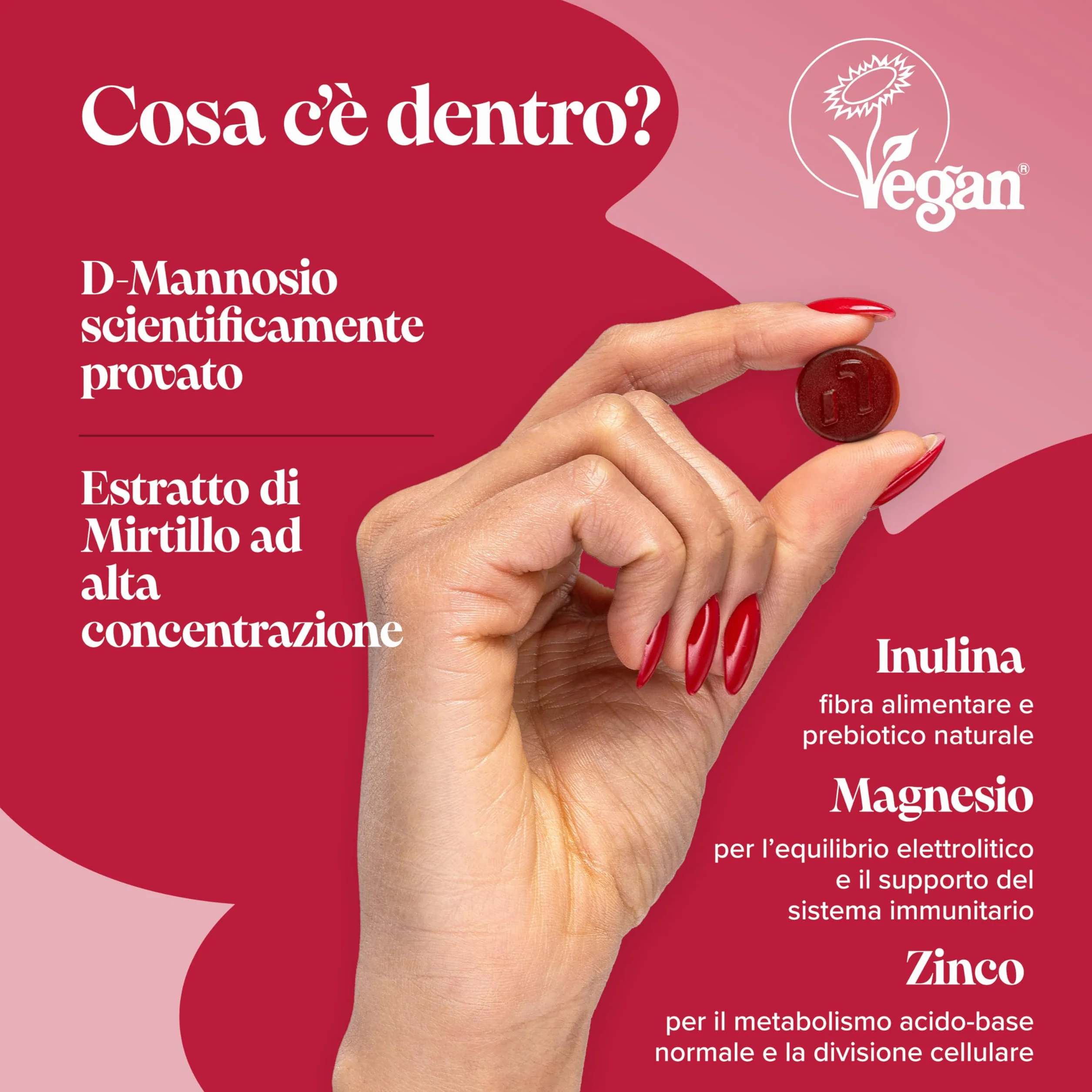 Mirtillo Rosso e D-Mannosio Gommose – 600 mg Mirtillo + 400 mg D-Mannosio – con Zinco e Biotina – Vegan, Senza Glutine – 60 Gommose Gusto Fragola – Novomins