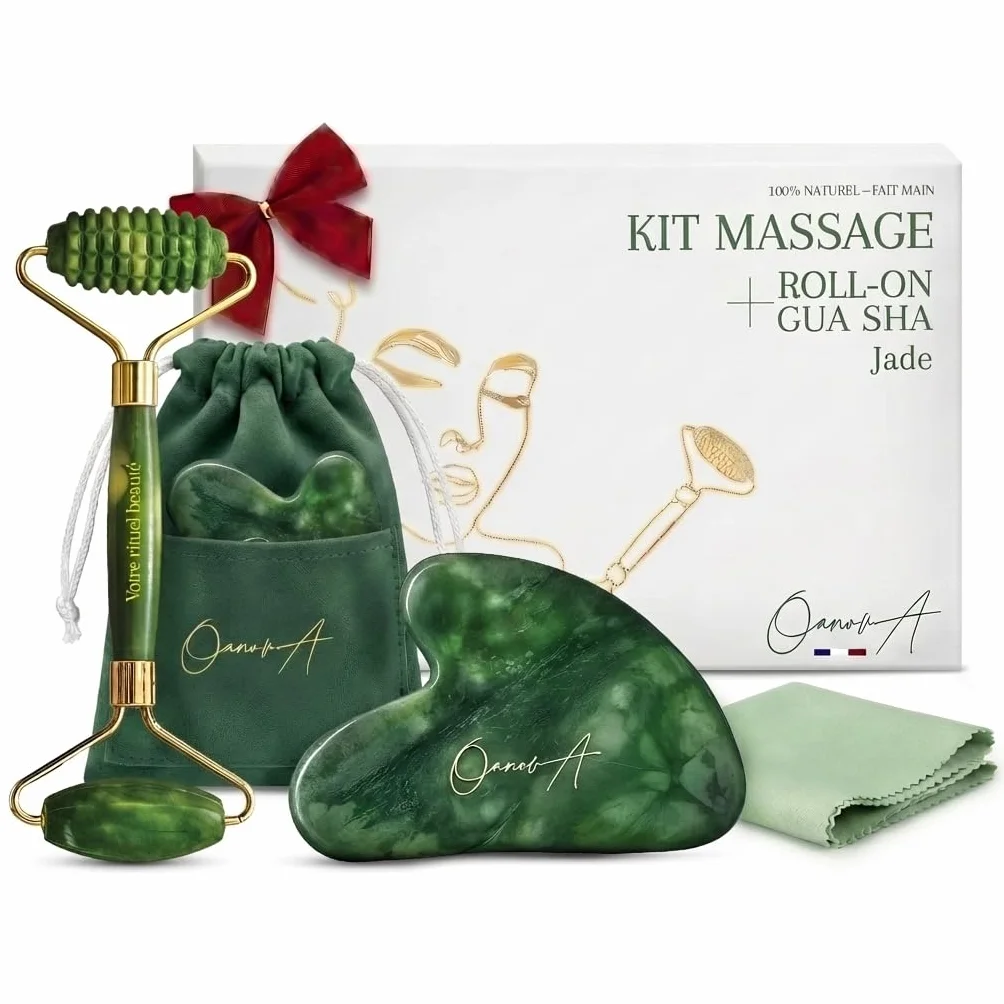 Kit Gua Sha per Viso e Corpo & Roller | Pietra Di Giada Verde | Massaggio Antirughe & Drenaggio Linfatico | Lifting Mento Doppio | Guasha | Maderotherapy | Gasha | Raffinare Shaper del Viso [OanovA]