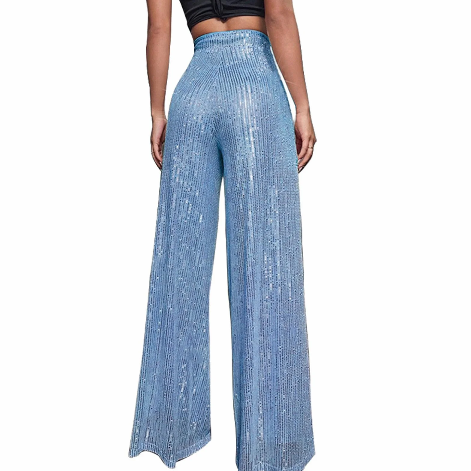 Pantaloni a zampa, alla moda, da donna, a gamba larga, per carnevale, con paillettes, in vita elasticizzata, con brillantini, da sera, per feste