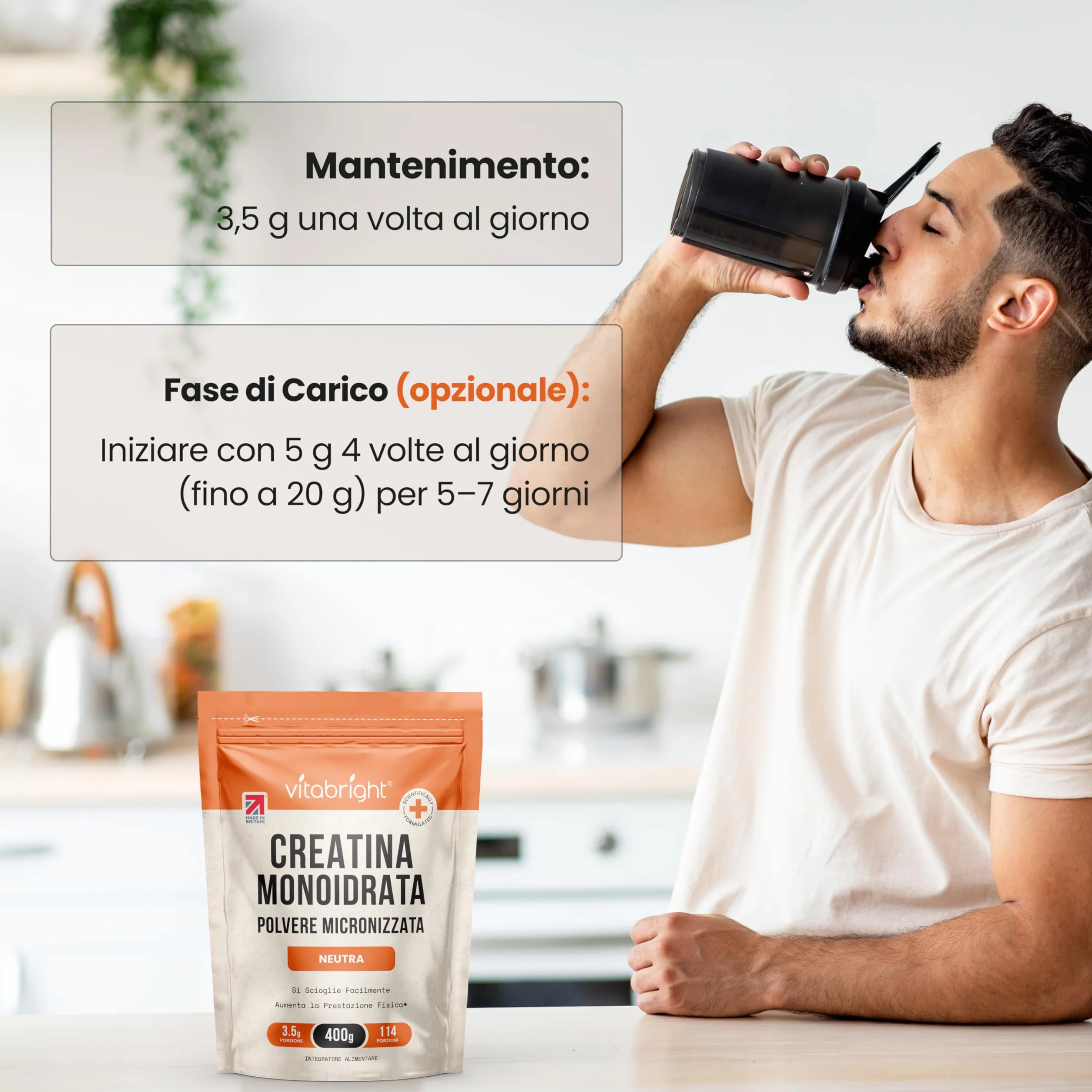 Vitabright Creatina Monoidrata in Polvere Micronizzata 400g 114 Porzioni 200 Mesh Rapido Scioglimento