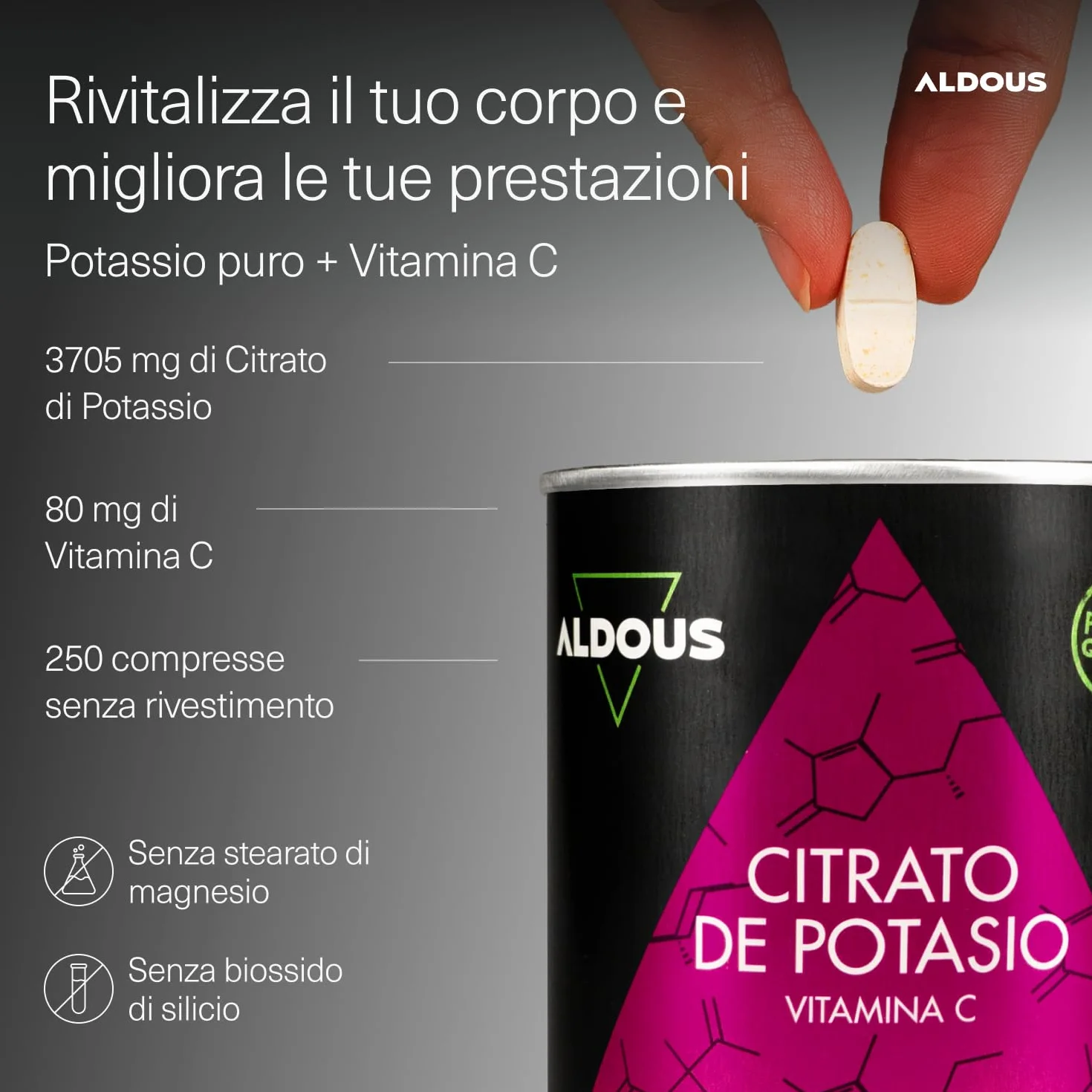 Potassio Citrato 3705 mg - 250 Compresse - 1000mg Potassio Elementare Alto Dosaggio - Potassio Integratore per Adulti - Muscoli, Stanchezza e Pressione Sanguigna, Sistema Nervoso - ALDOUS