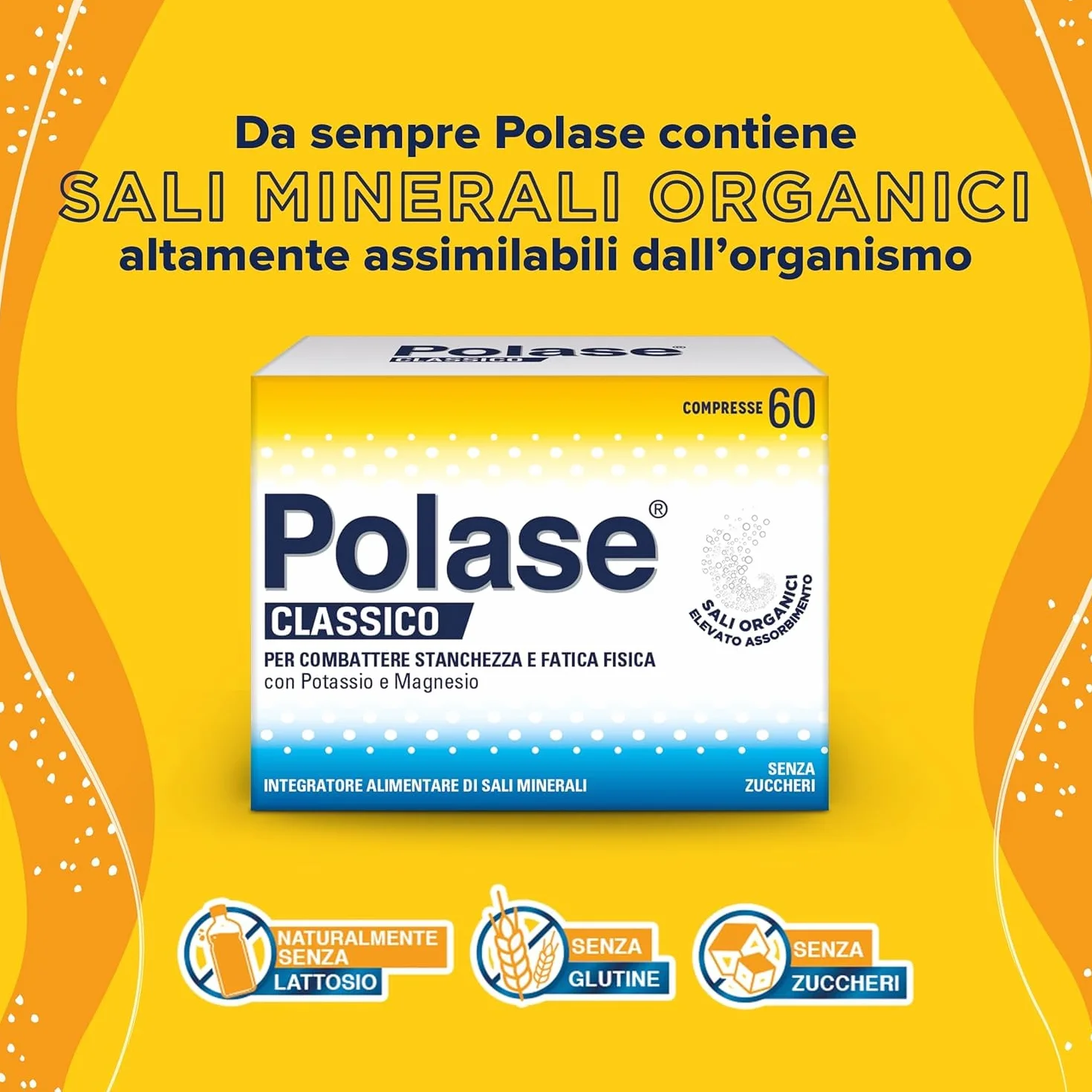 Polase Classico, Magnesio e Potassio,Integratore Alimentare, contro Stanchezza e Fatica Fisica, Caldo, Sali Minerali Organici, 60 Compresse