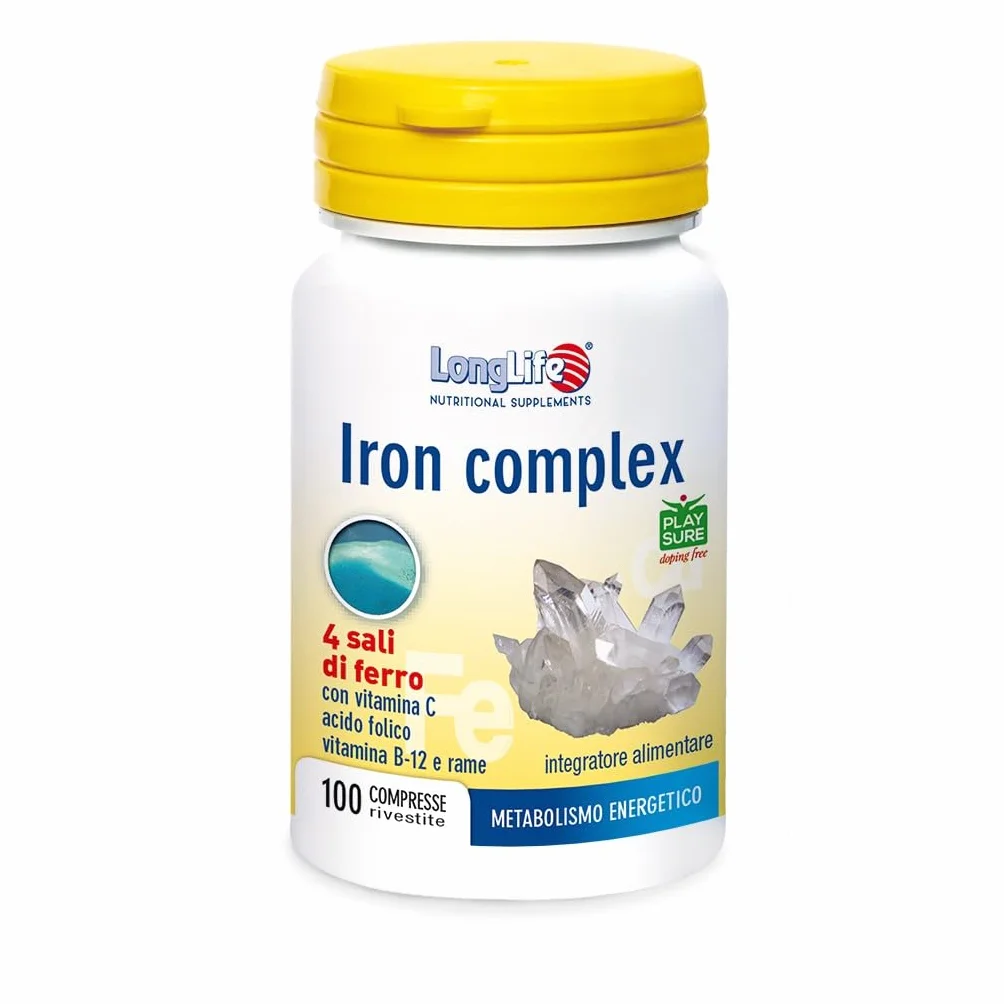 LongLife® Iron complex | 4 sali di ferro ad alta biodisponibilità | Con vitamina C e B12, acido folico e rame | Oltre 3 mesi di trattamento | Ricarica e riduzione stanchezza | Vegano e senza glutine