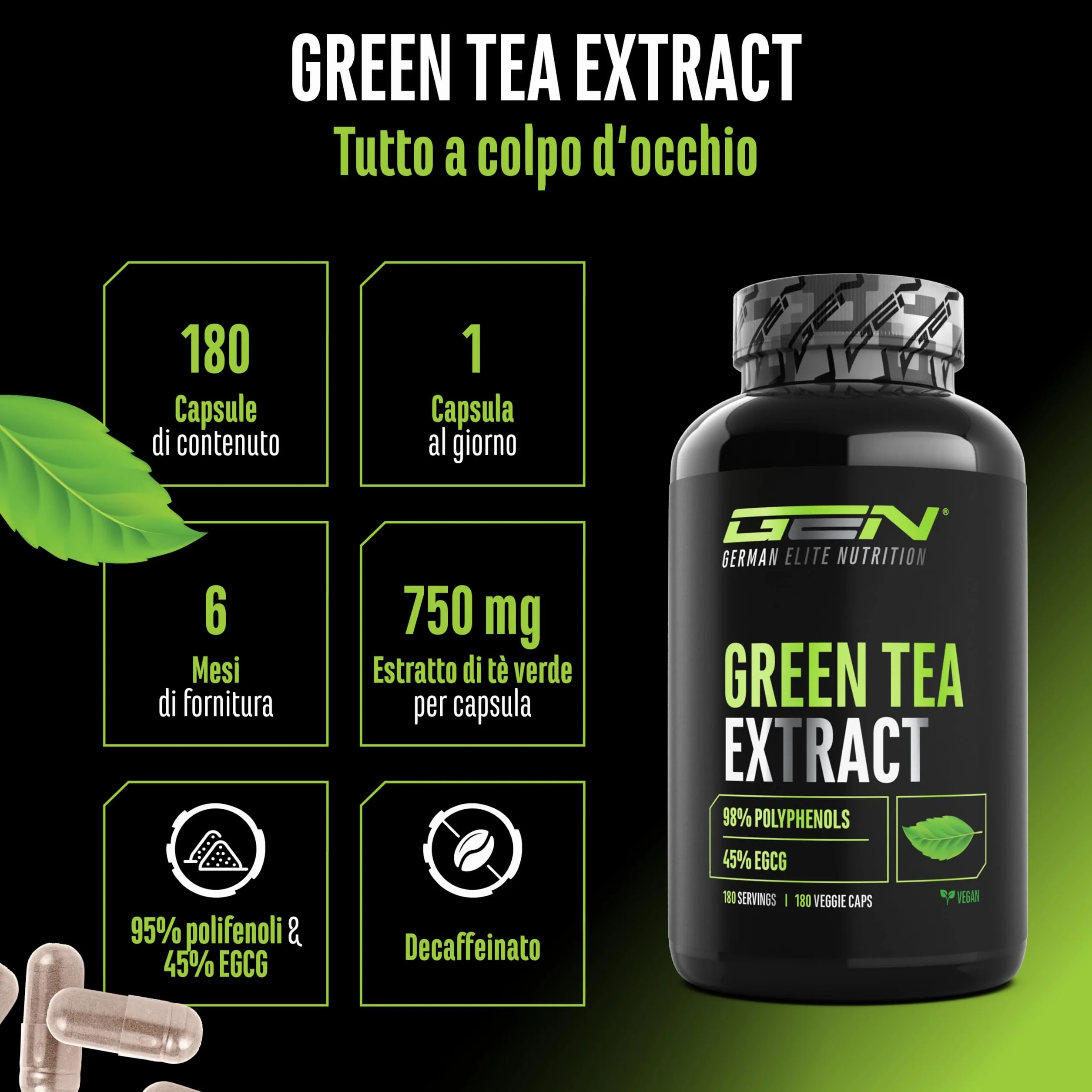 Estratto di tè verde - 180 capsule - Dosaggio extra elevato con 750 mg di estratto di tè verde per capsula - 95% di polifenoli e 45% di EGCG - Senza additivi superflui - Vegano