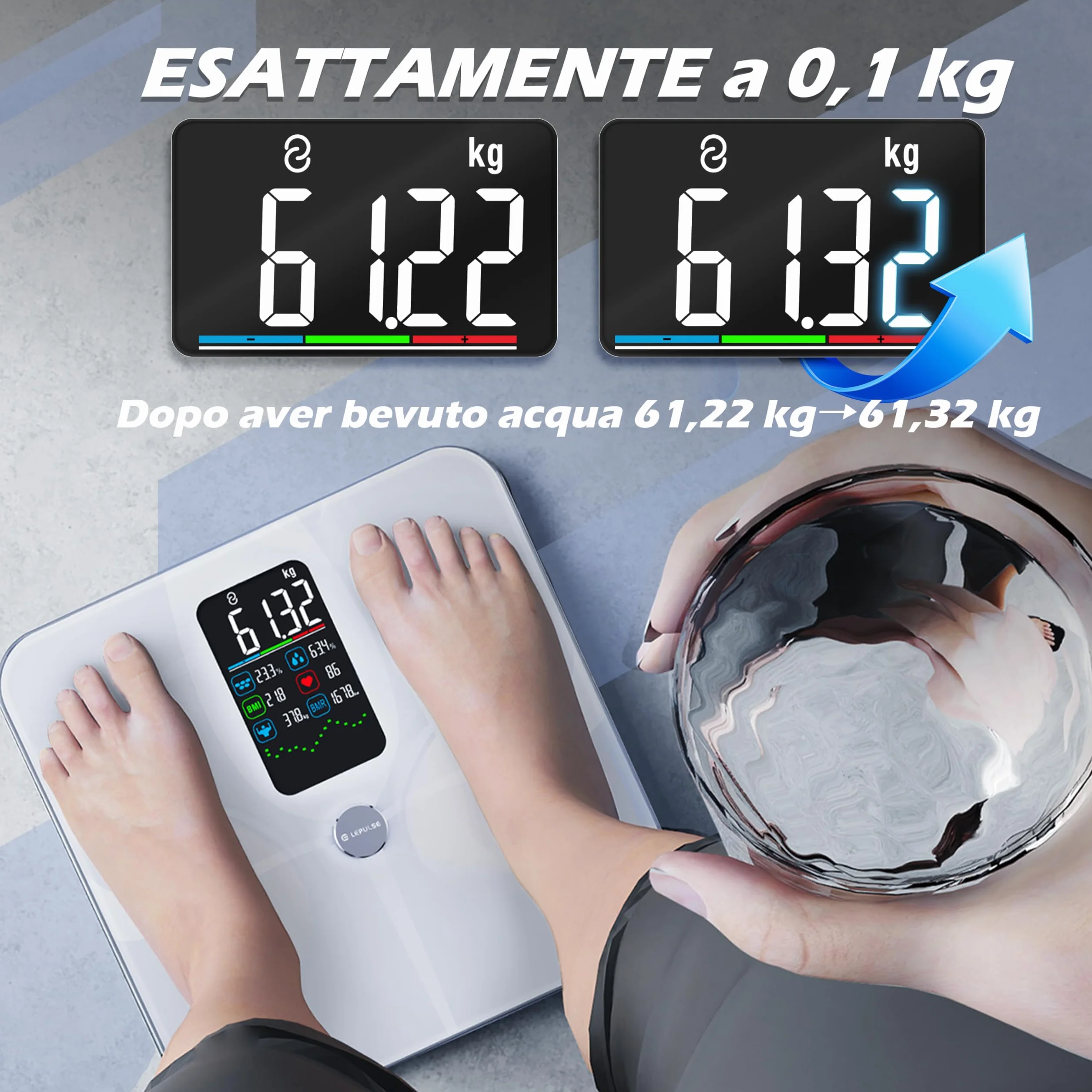 Lepulse Bilancia Impedenziometrica Intelligente Display Grande, Analisi Grasso Corporeo, Massa Muscolare, IMC, 22 Misurazioni con App