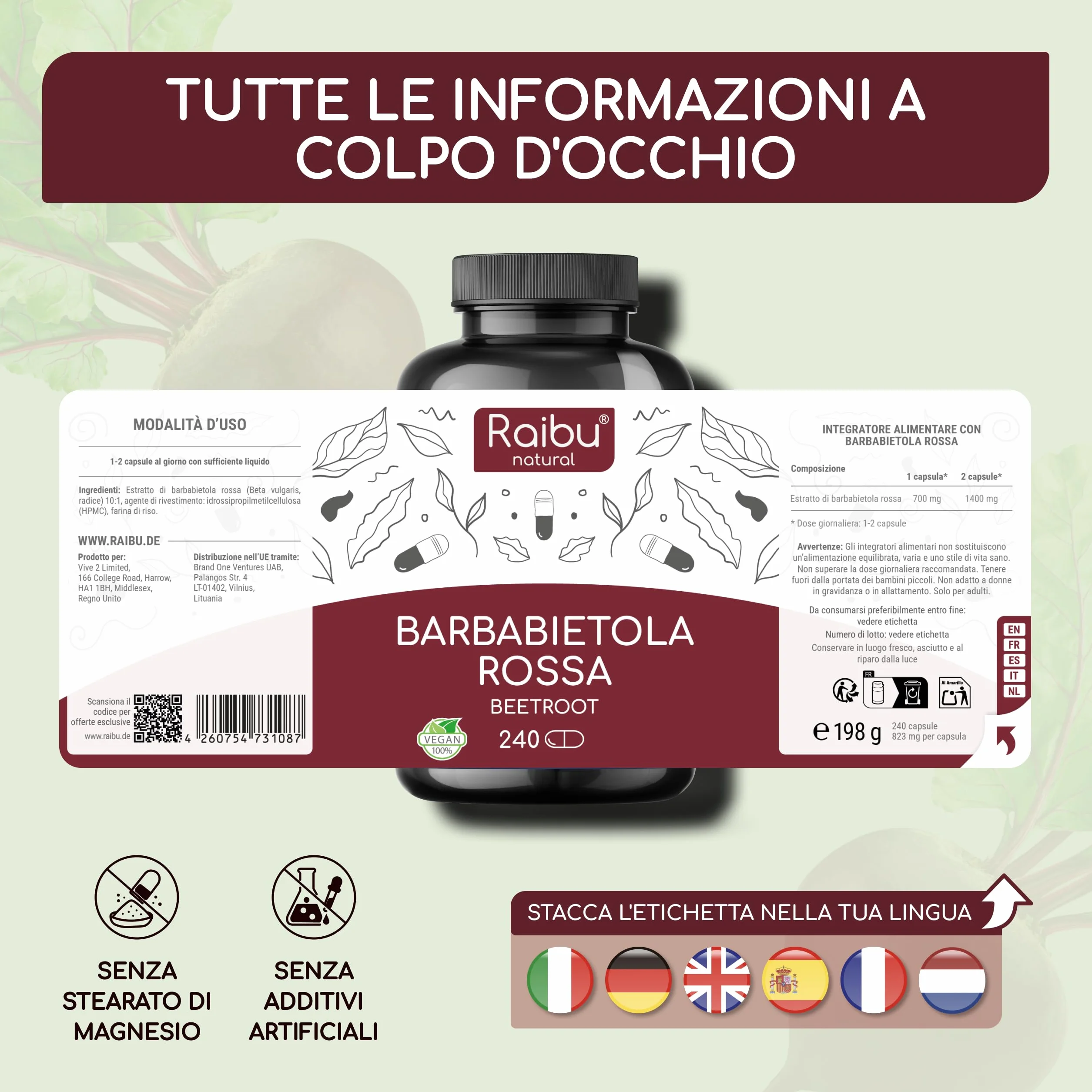 Barbabietola Rossa Integratore 14000 mg 240 Capsule Estratto 10:1 Supporto Ossido Nitrico Vegano