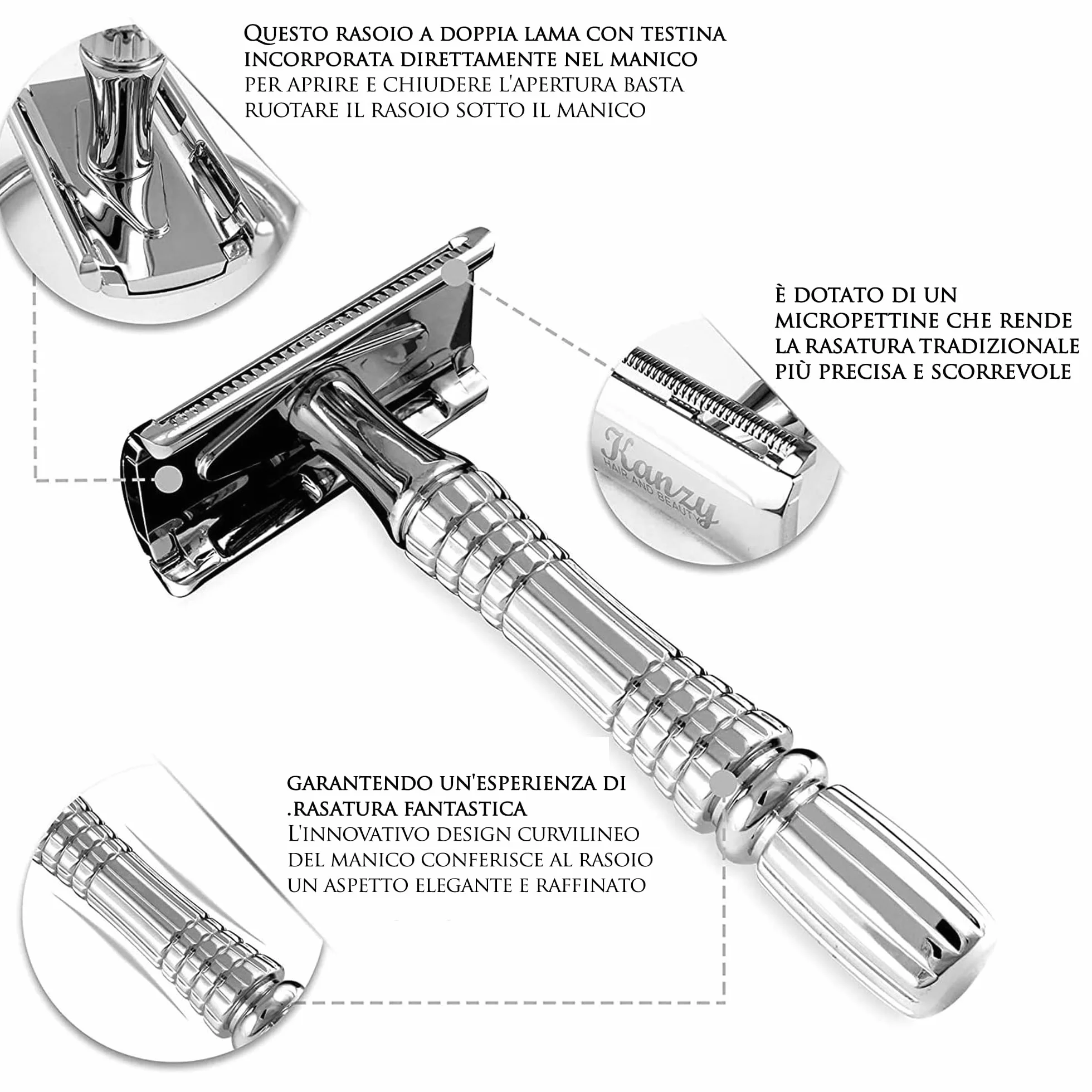 Rasoio di Sicurezza a Doppio Filo per Barba con 10 lame Manico Cromato Safety Razor
