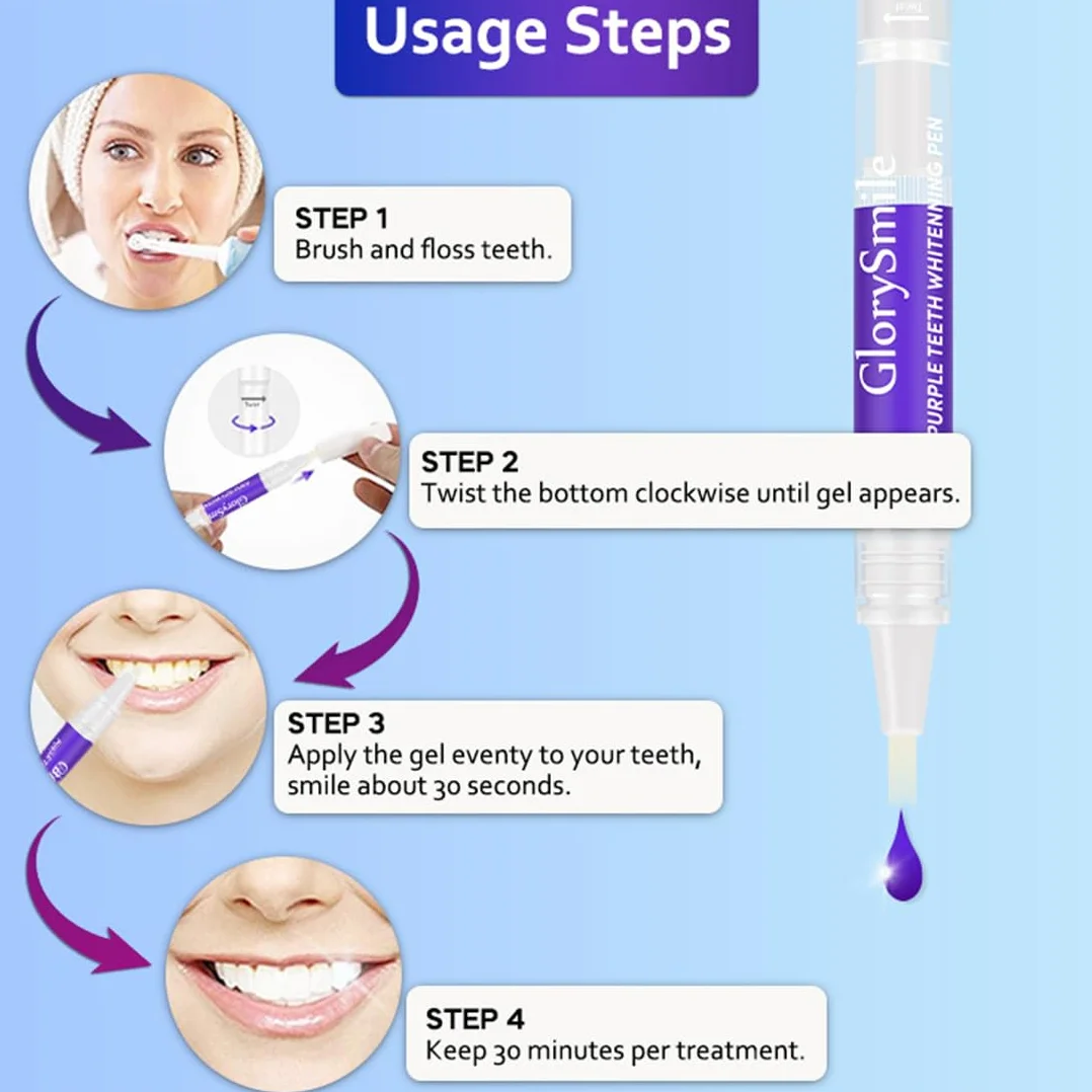 Penna sbiancante denti viola, Strisce sbiancanti denti, sbiancamento rapido, rimozione macchie, 6 pezzi