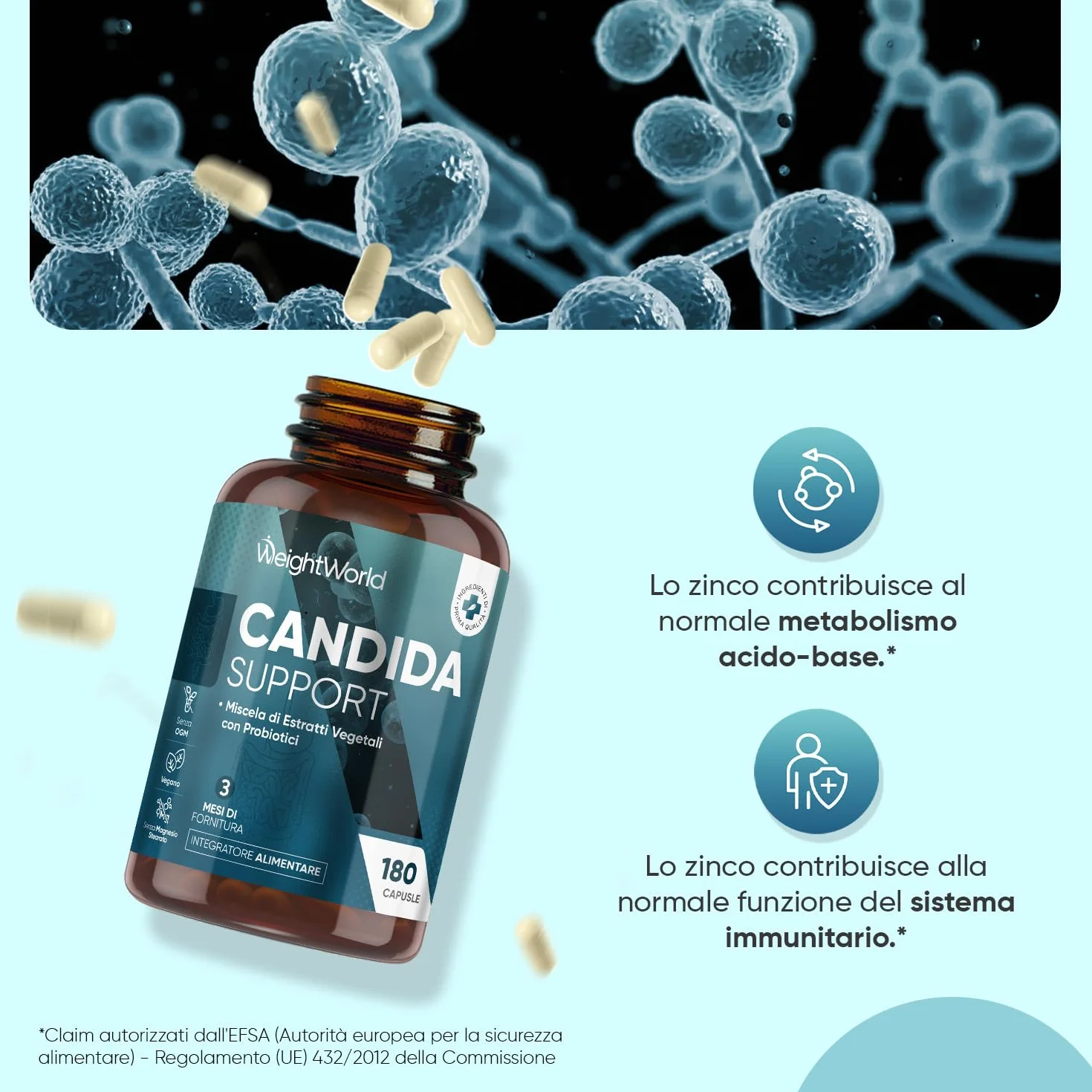 Candida Support 180 Capsule Vegane con Zinco, Aglio, Quercetina, Aloe Vera, Rosmarino, Cannella, Probiotici