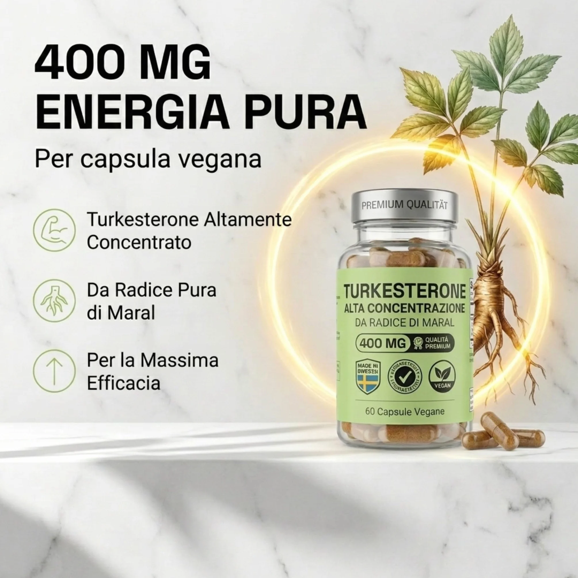 NOOP Turkesterone 400 mg Integratore Testosterone Uomo Booster Massa Muscolare Forza Radice di Maral Vegano 60 Capsule