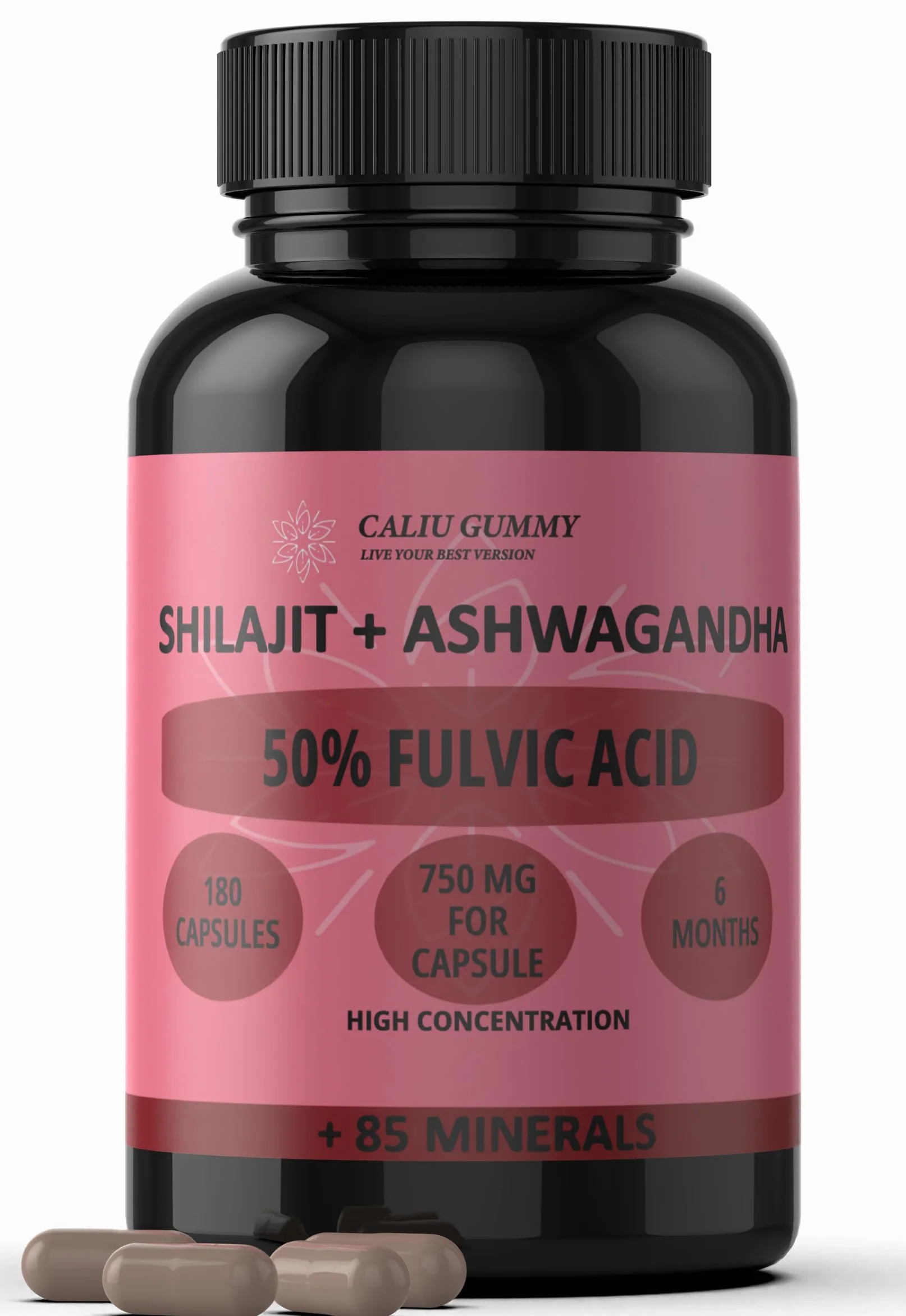 Shilajit Puro | 180 Capsule | 50% Acido Fulvico | 6 mesi | 144000mg | Con Polvere Naturale di Ashwagandha | +85 Minerali | Integratore in Compresse per Uomini con Resina Pura di Shilajit dell'Himalaya