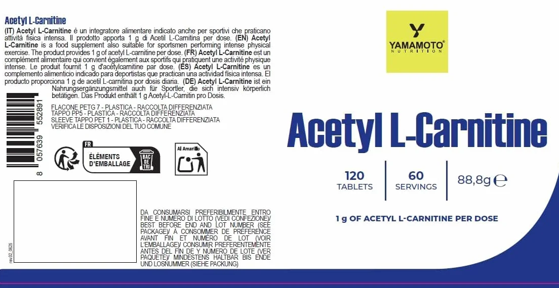 Yàmamoto Acetyl L- Carnitine, 120 compresse + H2O Prozis - acetil l - carnitina- Senza Glutine, Senza Lattosio