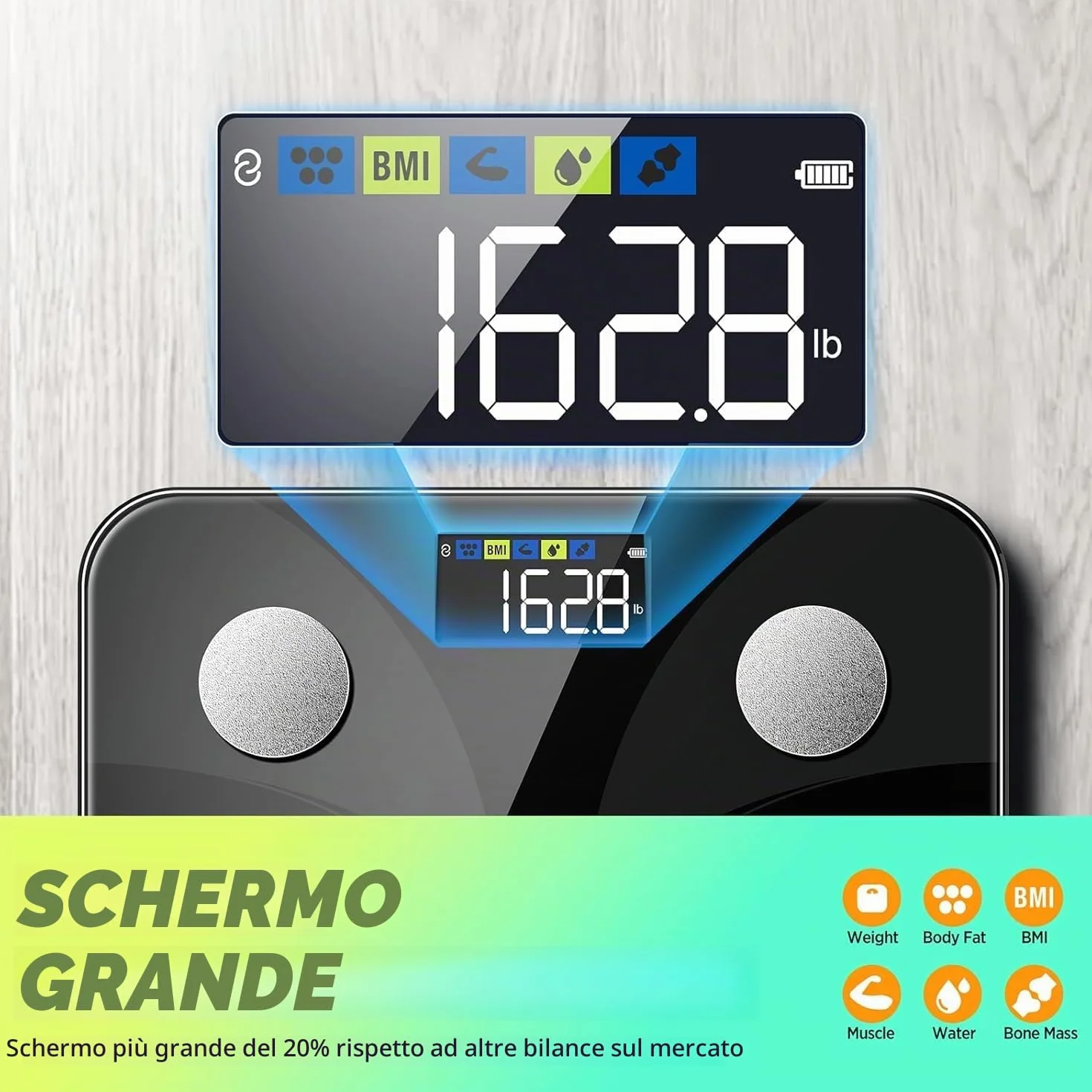 RunStar Bilancia pesapersone smart digitale con display, analizzatore composizione corporea 13 dati Sync App