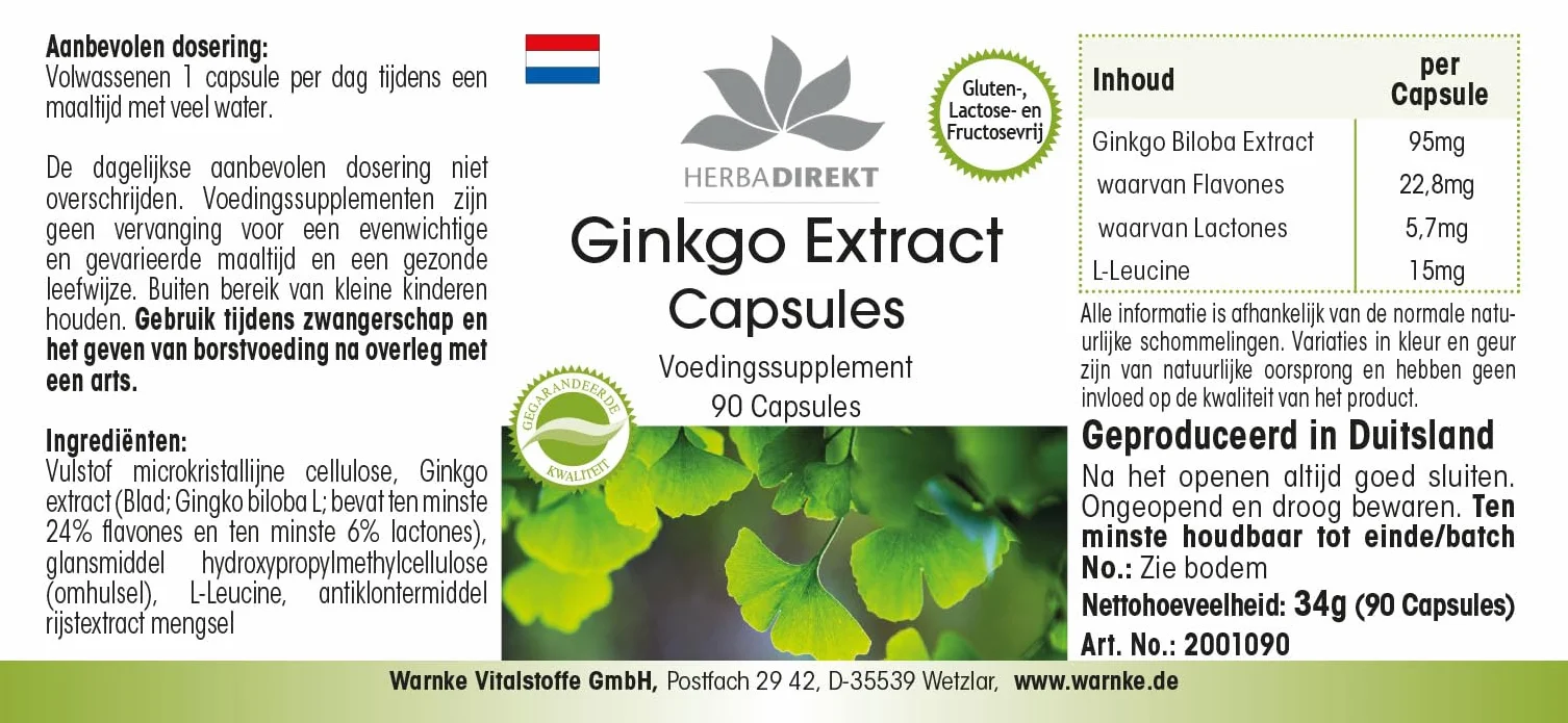 Estratto Ginkgo Biloba capsule 95mg - 90 capsule - almeno 24% di flavoni e almeno 6% di lattoni | HERBADIREKT by Warnke Vitalstoffe - Qualità da farmacia tedesca