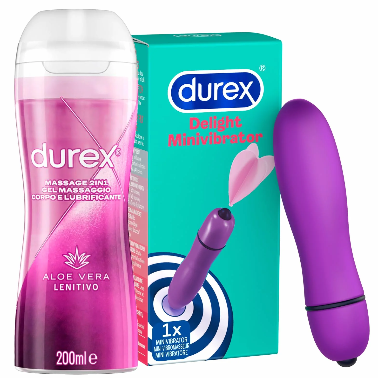 Durex Kit Vibratore Portatile & Gel Lubrificante | Durex Intense Delight Vibratore + Durex Gel Massage 2in1 Lenitivo Gel Massaggi con Aloe Vera 200ml