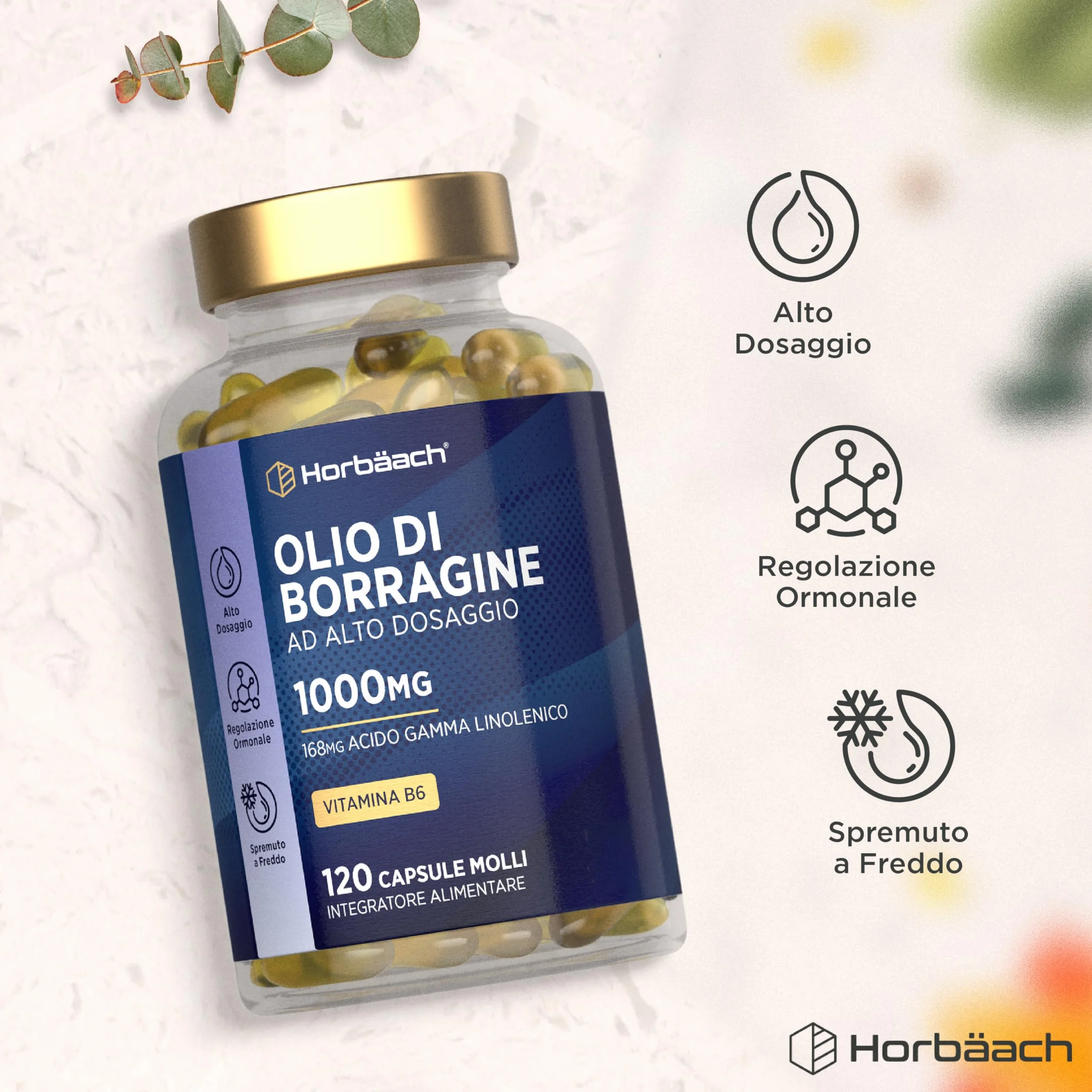 Olio di Borragine 1000mg Horbaach 120 Perle con Vitamina B6 e Acido Gamma Linoleico GLA