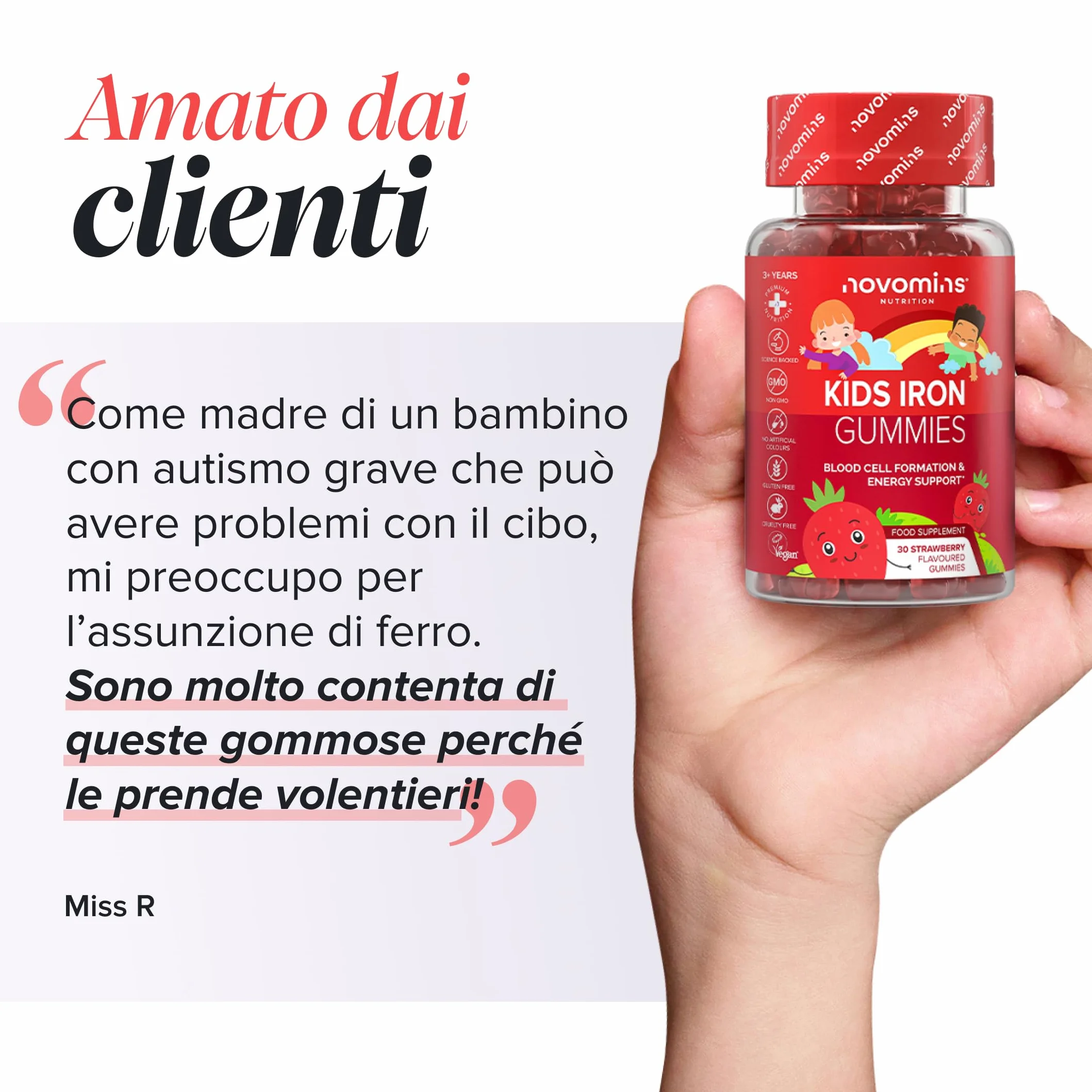 Ferro Bambini Gommose – Ferro + Vitamina C per l'Assorbimento – Energia, Globuli Rossi e Difese – Vegano, Senza Glutine – 30 Gommose Gusto Fragola – Novomins