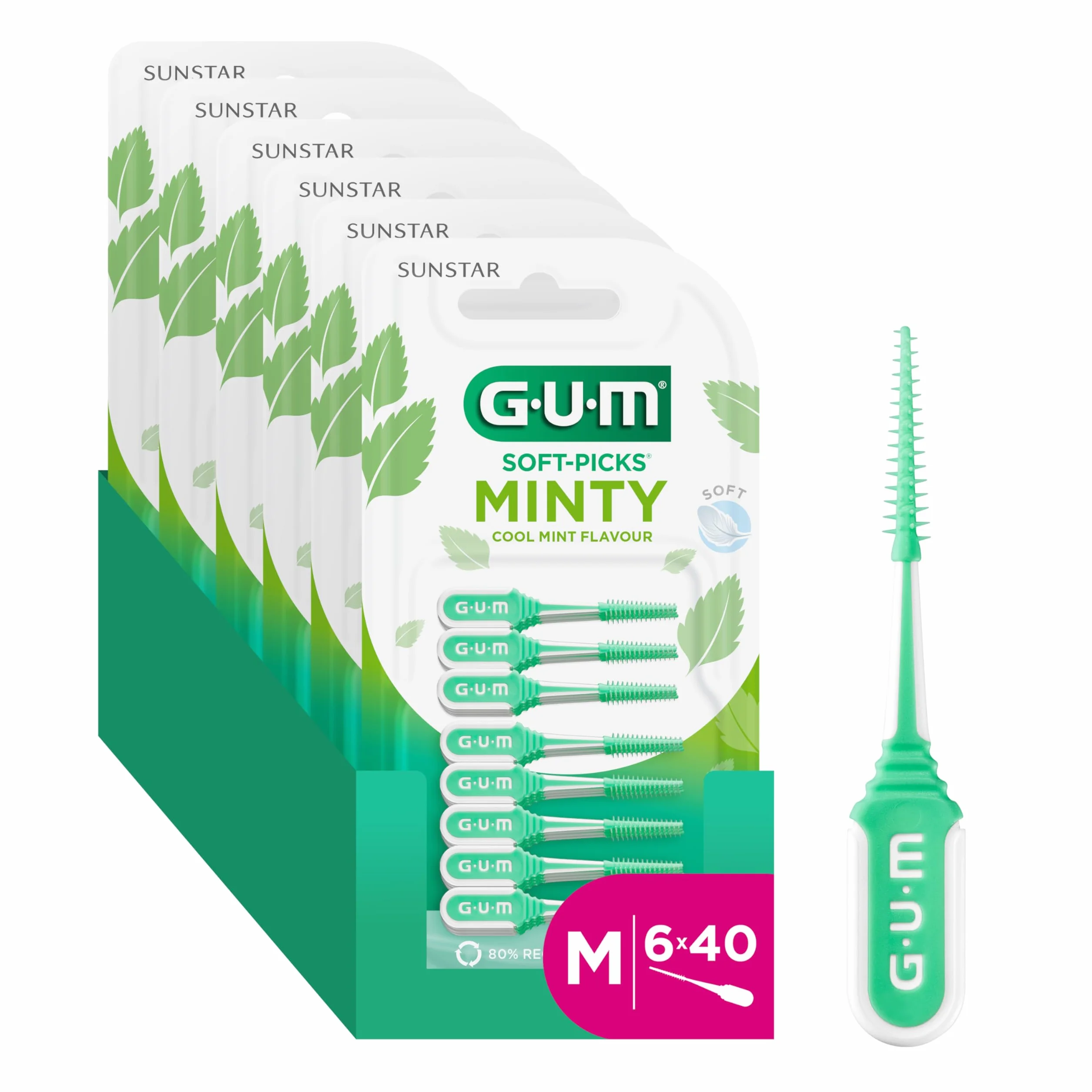 GUM SOFT-PICKS MINTY Scovolini in gomma al fresco sapore di menta Pulizia denti rimozione placca Misura M Multipack 6x40