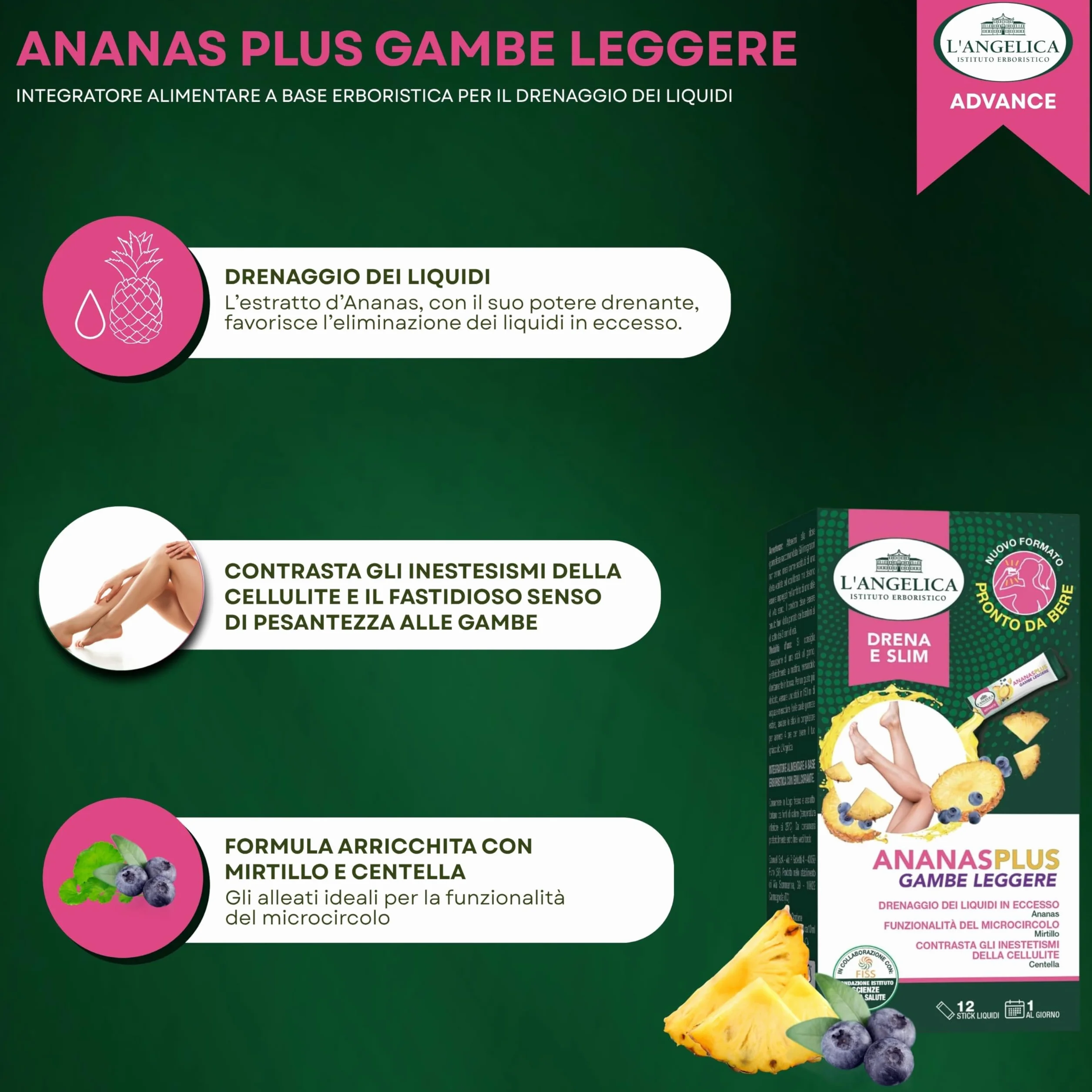 L'Angelica Ananas Plus Gambe Leggere Integratore Drenante Circolazione Anti Cellulite 12 Stick Liquidi