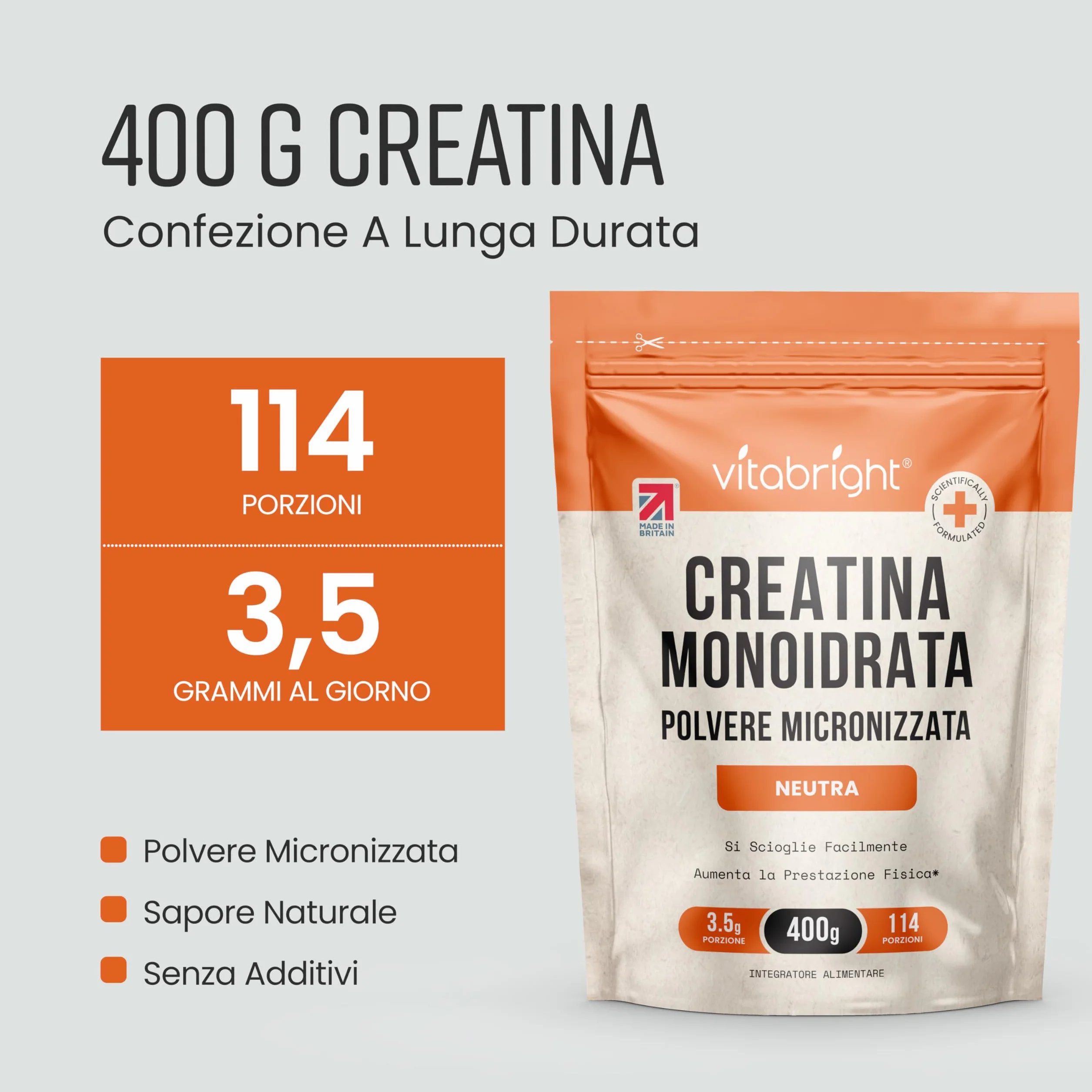 Vitabright Creatina Monoidrata in Polvere Micronizzata 400g 114 Porzioni 200 Mesh Rapido Scioglimento