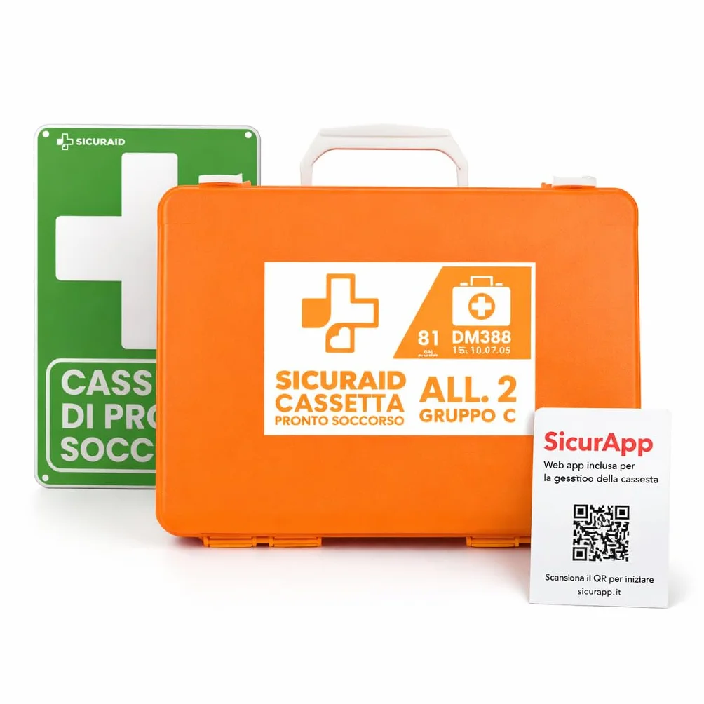 SICURAID Cassetta Pronto Soccorso Aziendale DM 388/2003 CE MDR Kit Medico Certificato Arancio Gruppo C 2 Dipendenti