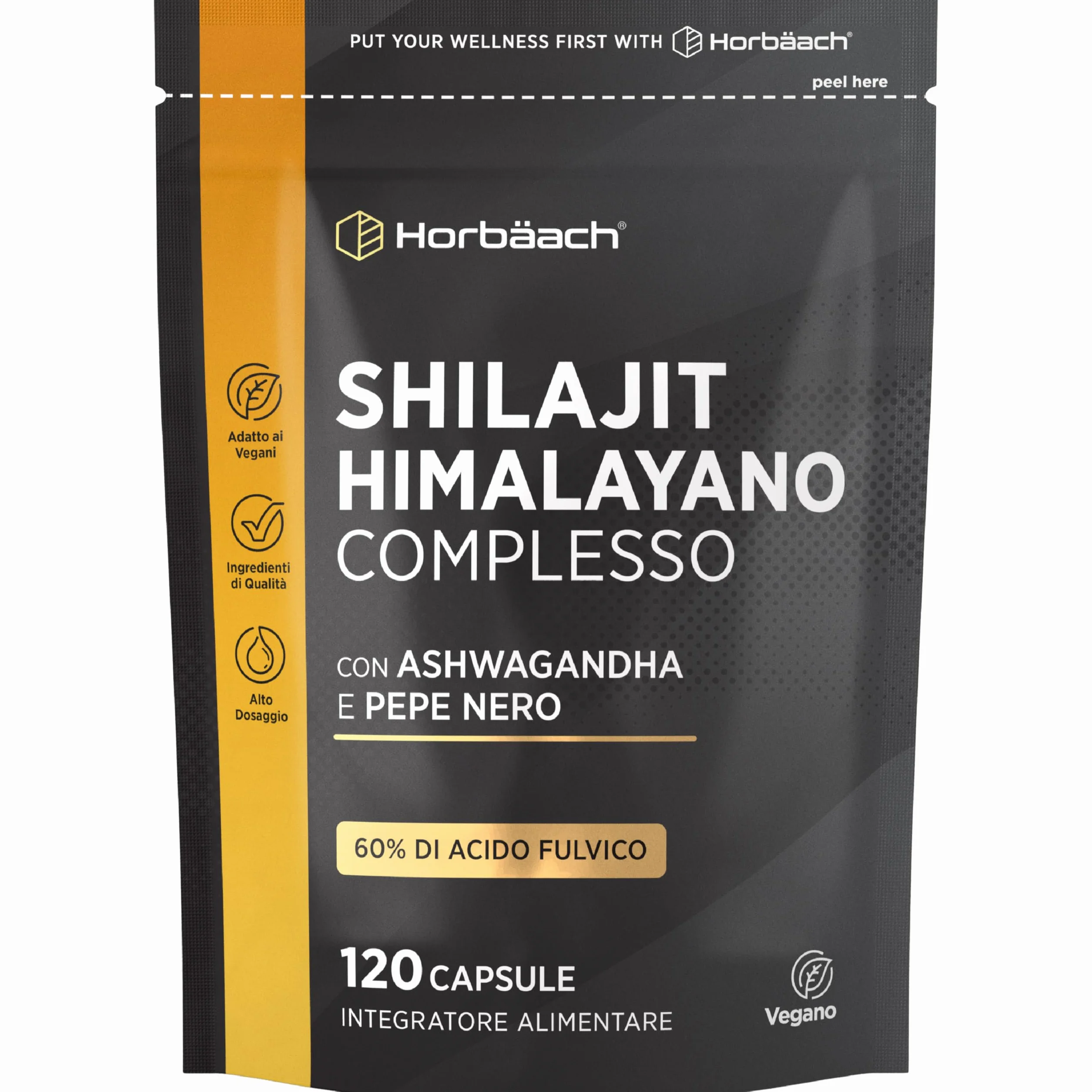 Shilajit Himalayano Puro Capsule | 1500 mg | 60% di Acido Fulvico | 120 Capsule Vegane | Integratore Alimentare di Estratto di Shilajit dalla Fonte Himalayana | Shilajit Complex | Horbaach