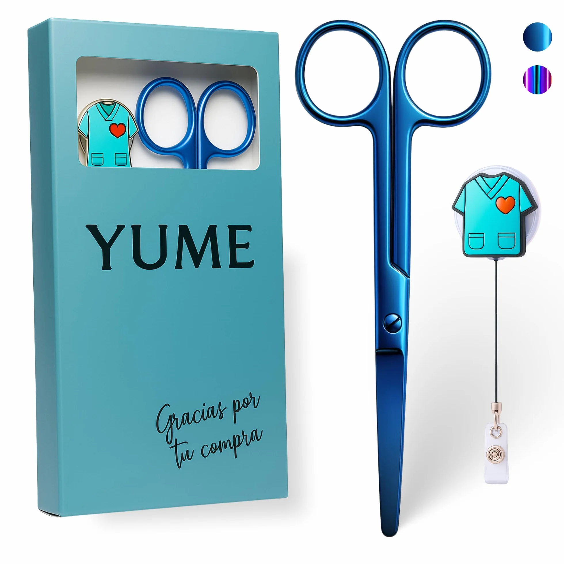 YUME Forbici da Infermiere in Acciaio Inox Punta Arrotondata Professionali Mayo con Portachiavi Retrattile (AZUL)