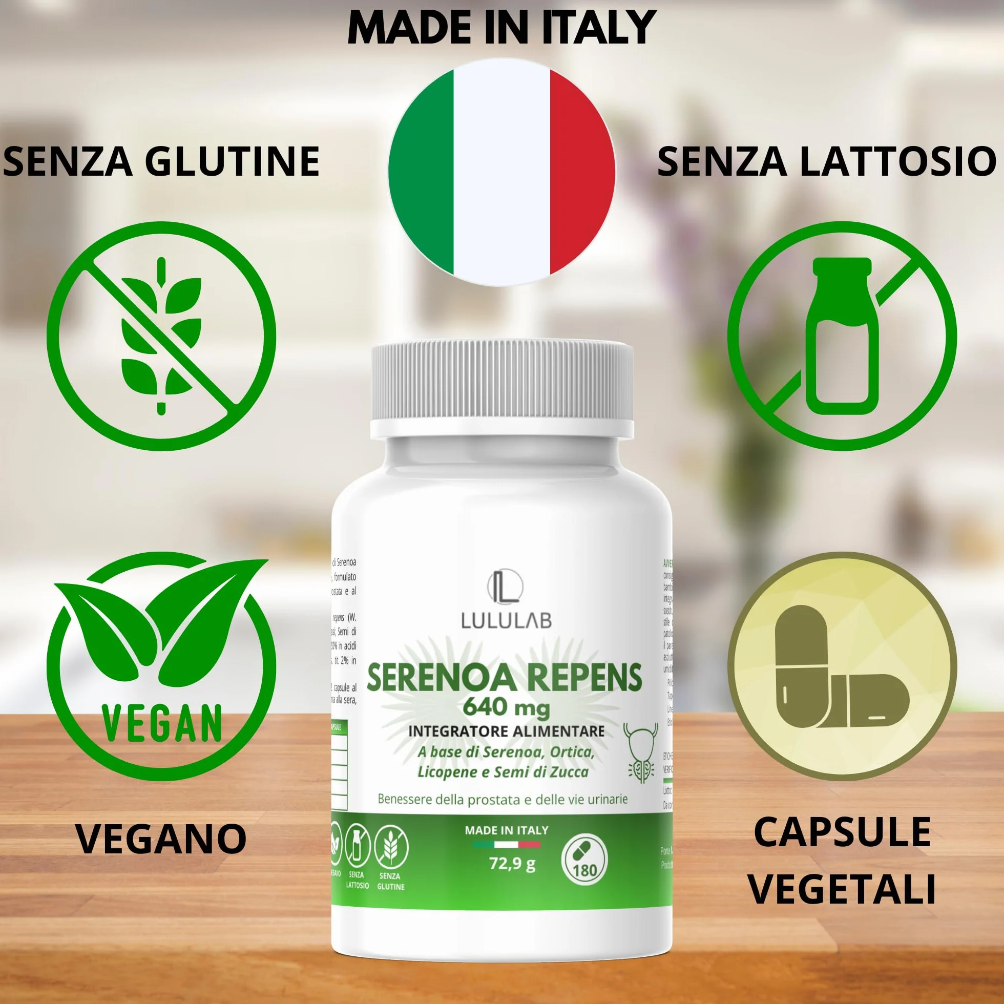 Lululab® Serenoa Repens Prostata 640 mg Saw Palmetto con Semi di Zucca, Ortica e Licopene Integratore Supporto Benessere Maschile 180 Capsule