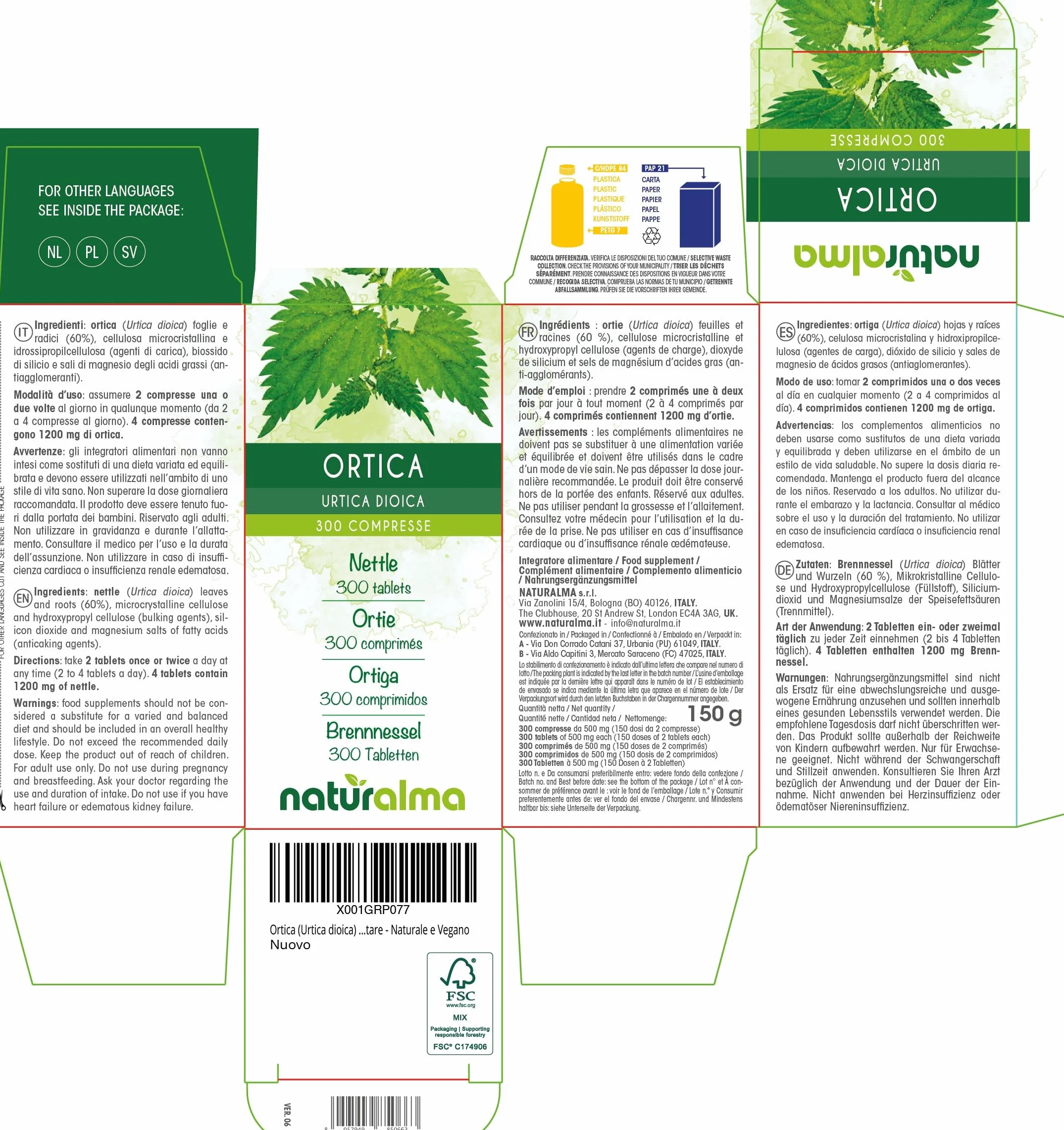 Naturalma Ortica Urtica dioica foglie e radici 150 g 300 compresse Integratore alimentare