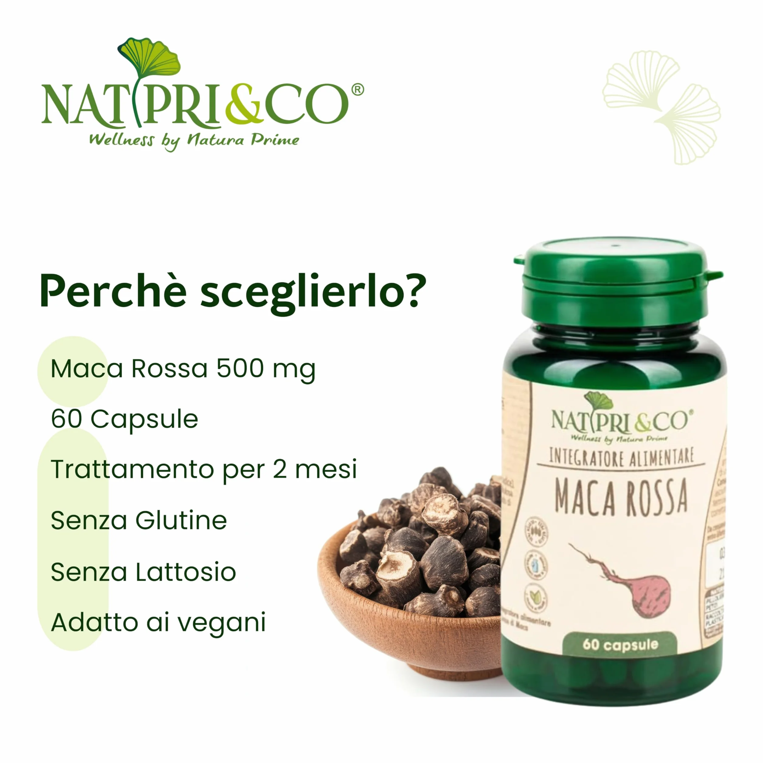 Natura Prime - Maca Rossa - Radice Energizzante, Migliora L'Equilibrio Ormonale Per Uomo E Donna - 60 Capsule - Vegano, Senza Glutine E Senza Lattosio