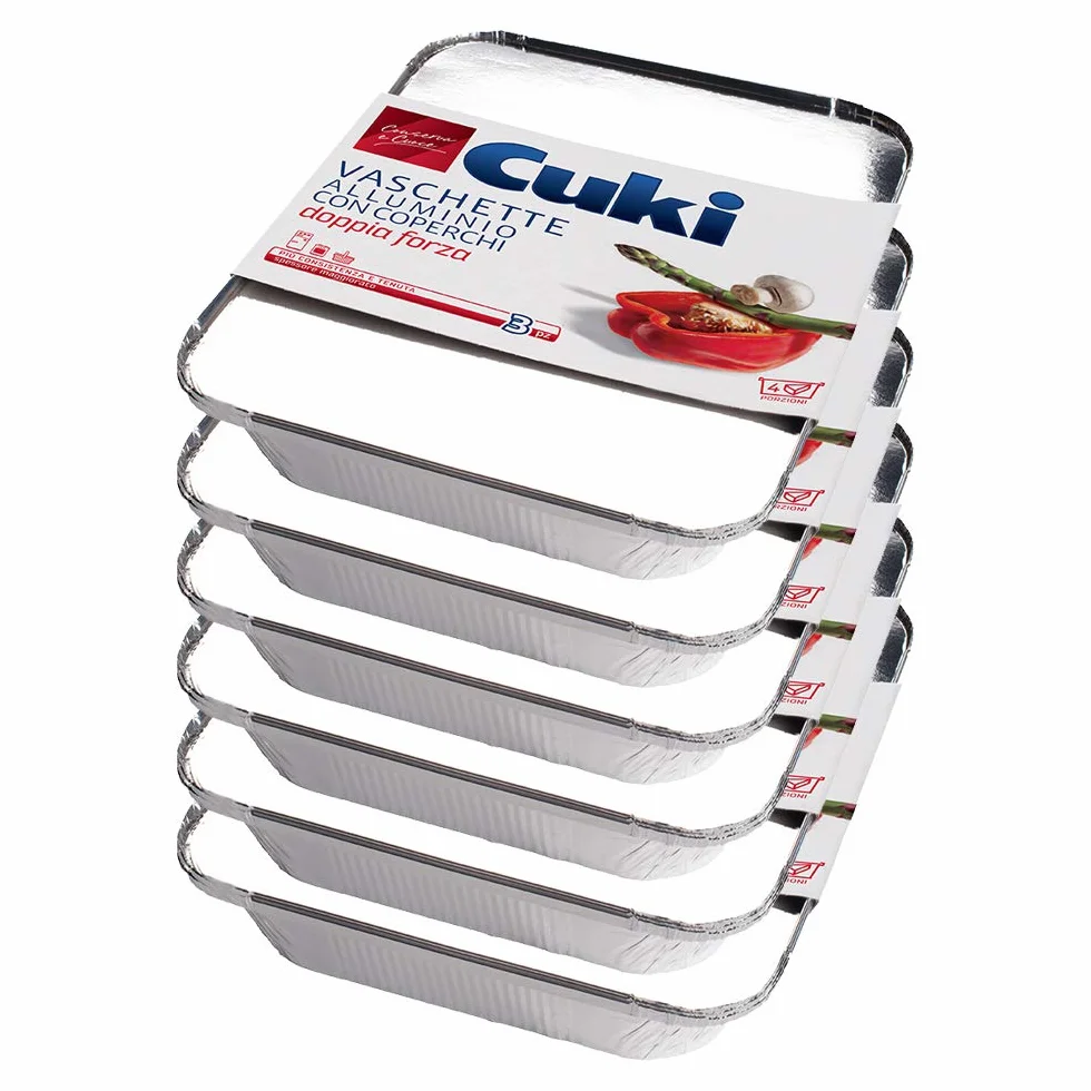 Cuki Vaschette Alluminio con Coperchi Doppia Forza 4 Porzioni Rettangolari R75L 6 Confezioni da 3 Pezzi
