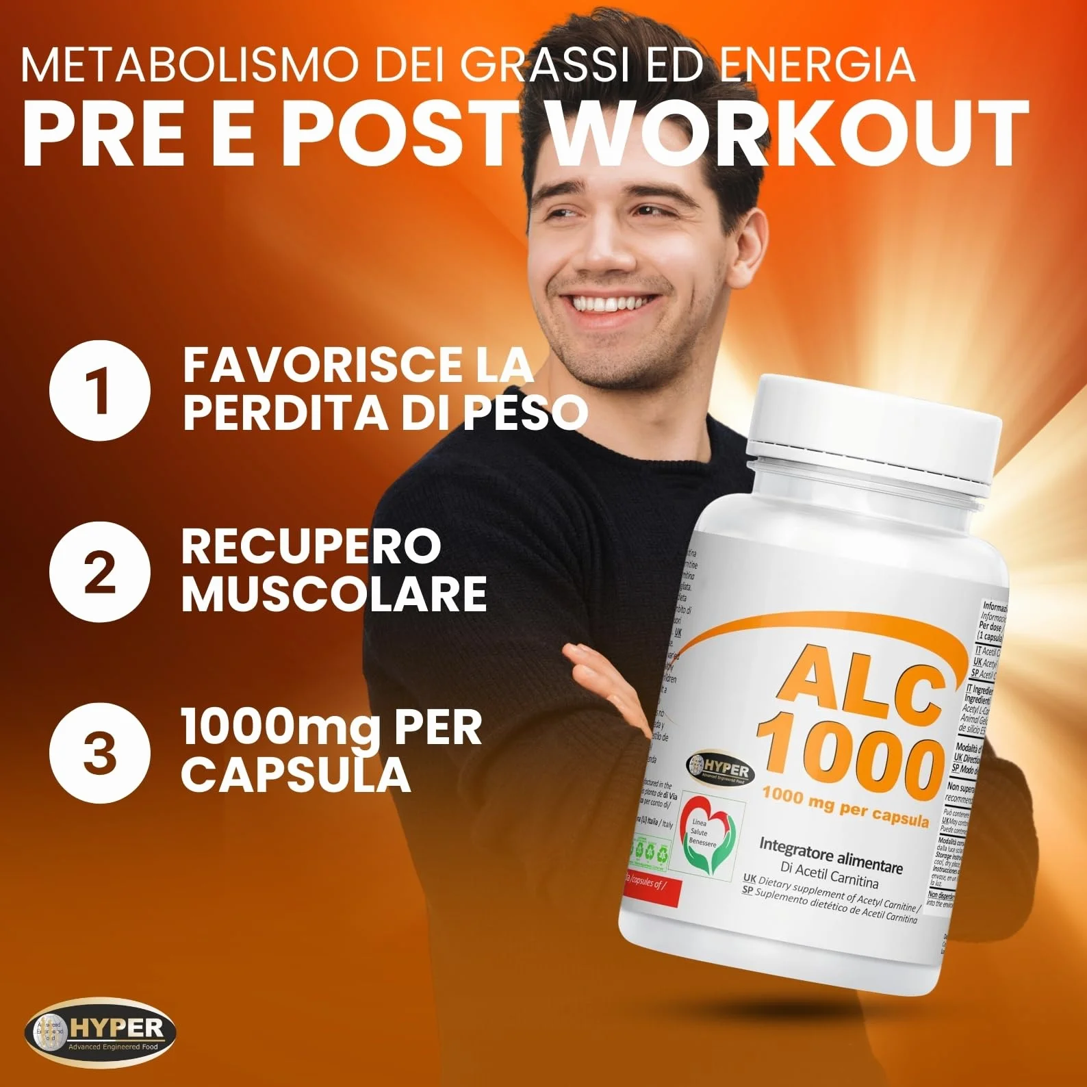 Hyper ACETIL L-CARNITINA 1000 MG per capsula | ALCAR Acetyl L-Carnitine + Energia favorisce il Metabolismo dei Grassi Attività Fisica intensa | Palestra, Sport Allenamento | 3 Flaconi da 60 Capsule
